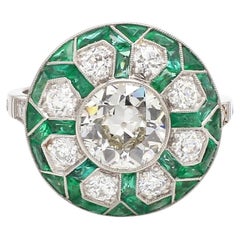 European Cut Diamond and French Cut Emerald Ring