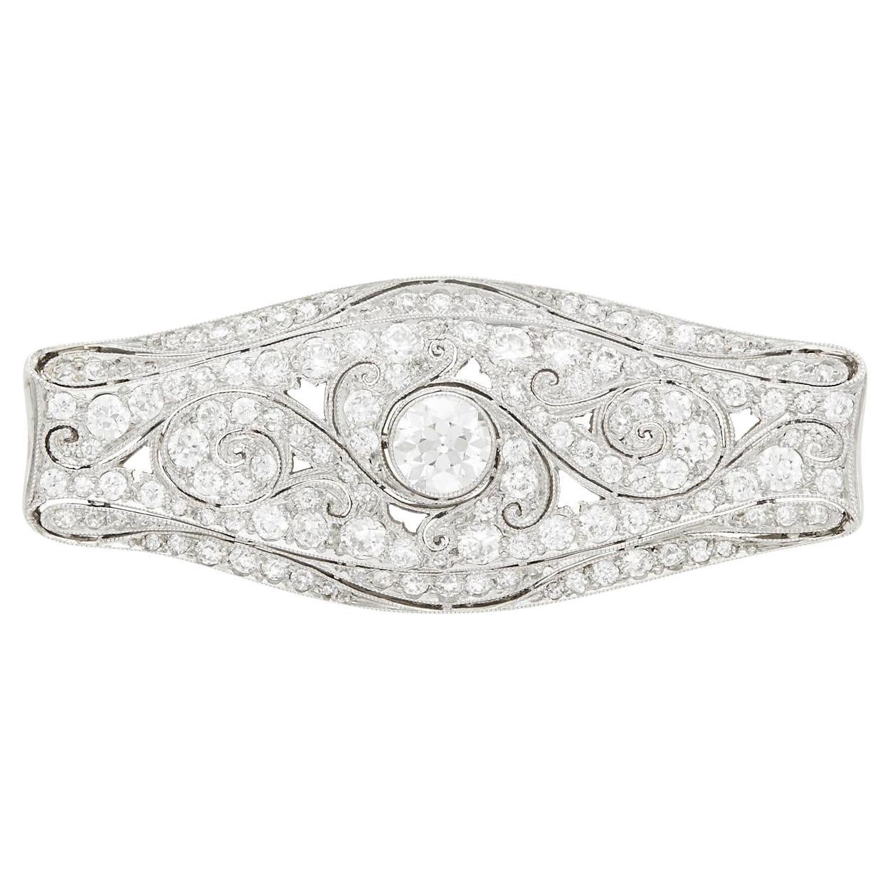 European-Cut Diamond Platinum Brooch