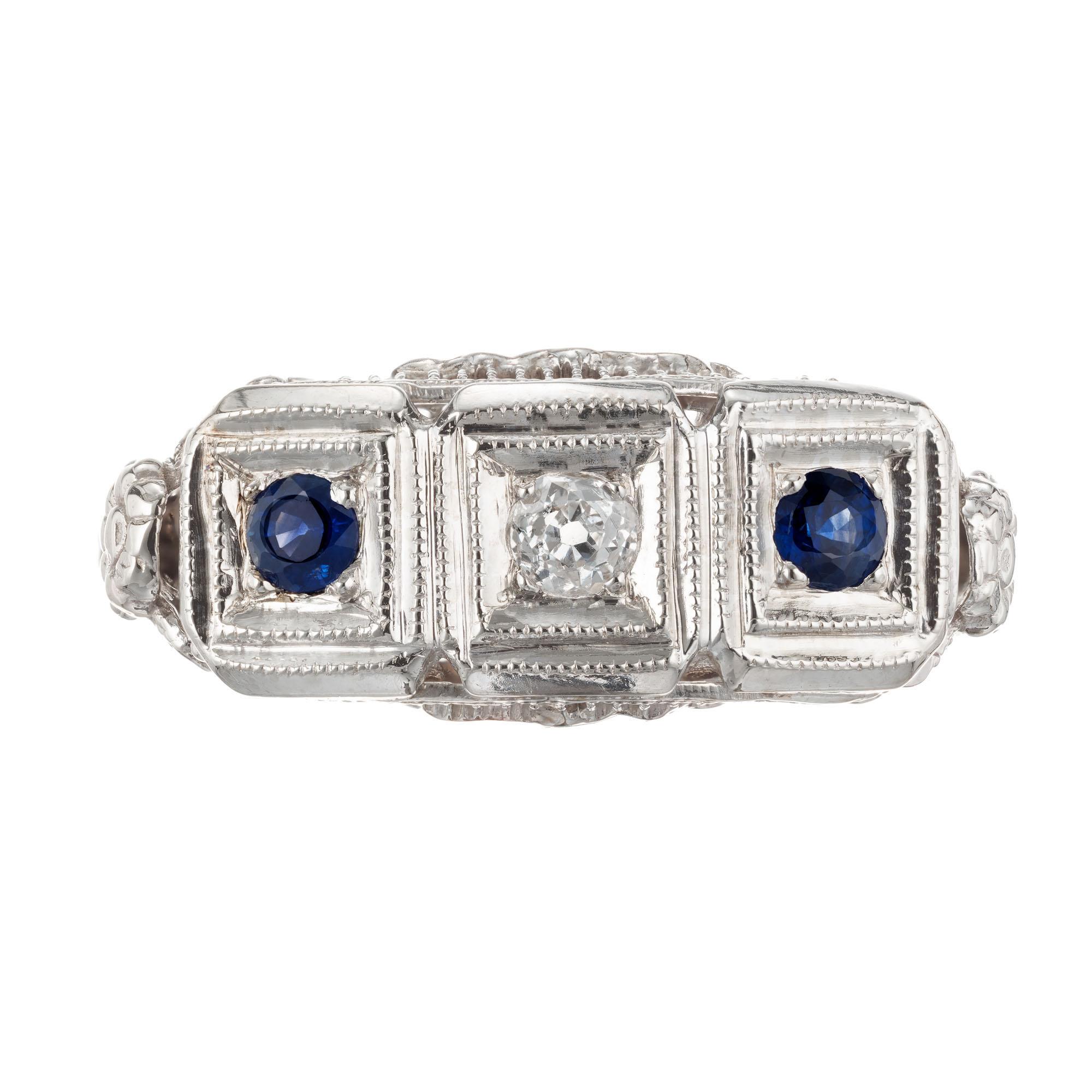 Women's European Cut Diamond Sapphire Art Deco Filigree Gold Three-Stone Ring For Sale