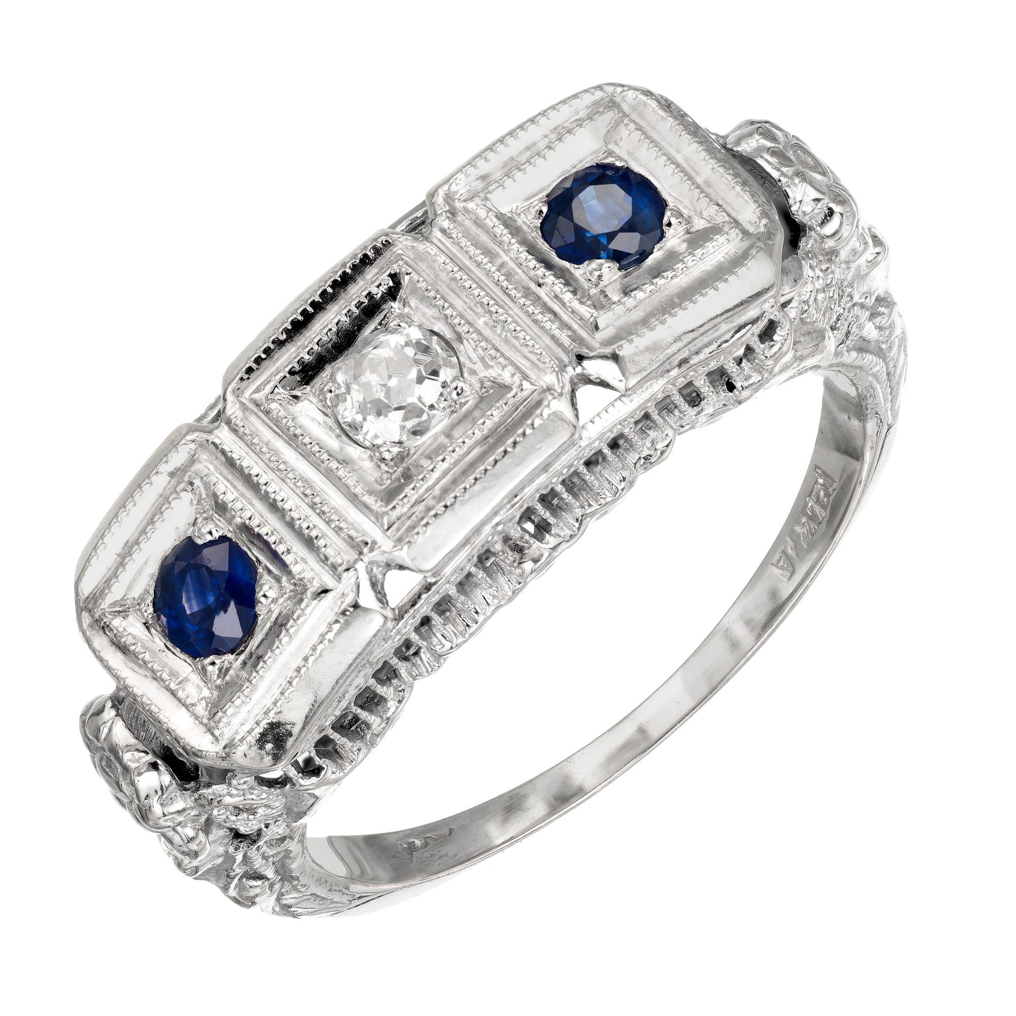 European Cut Diamond Sapphire Art Deco Filigree Gold Three-Stone Ring For Sale