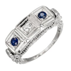 Antique European Cut Diamond Sapphire Art Deco Filigree Gold Three-Stone Ring