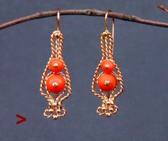 European Dangle Earrings 11ct natural Red Coral solid 14K Gold / 11gr