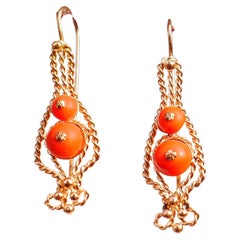 Boucles d'oreilles pendantes européennes 11ct corail rouge naturel or massif 14K / 11gr