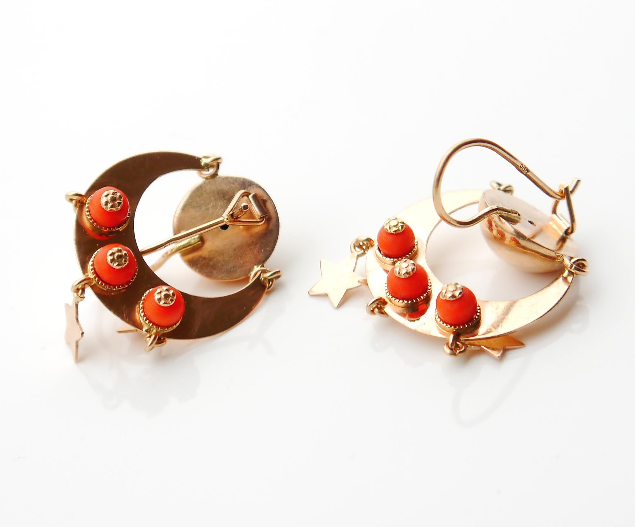 European Dangle Earrings natural Red Coral solid 14K Rose Gold / 12gr For Sale 5