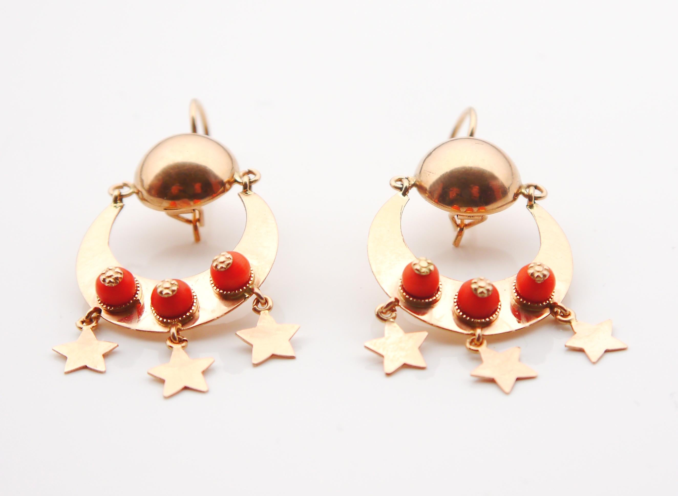 European Dangle Earrings natural Red Coral solid 14K Rose Gold / 12gr For Sale 6