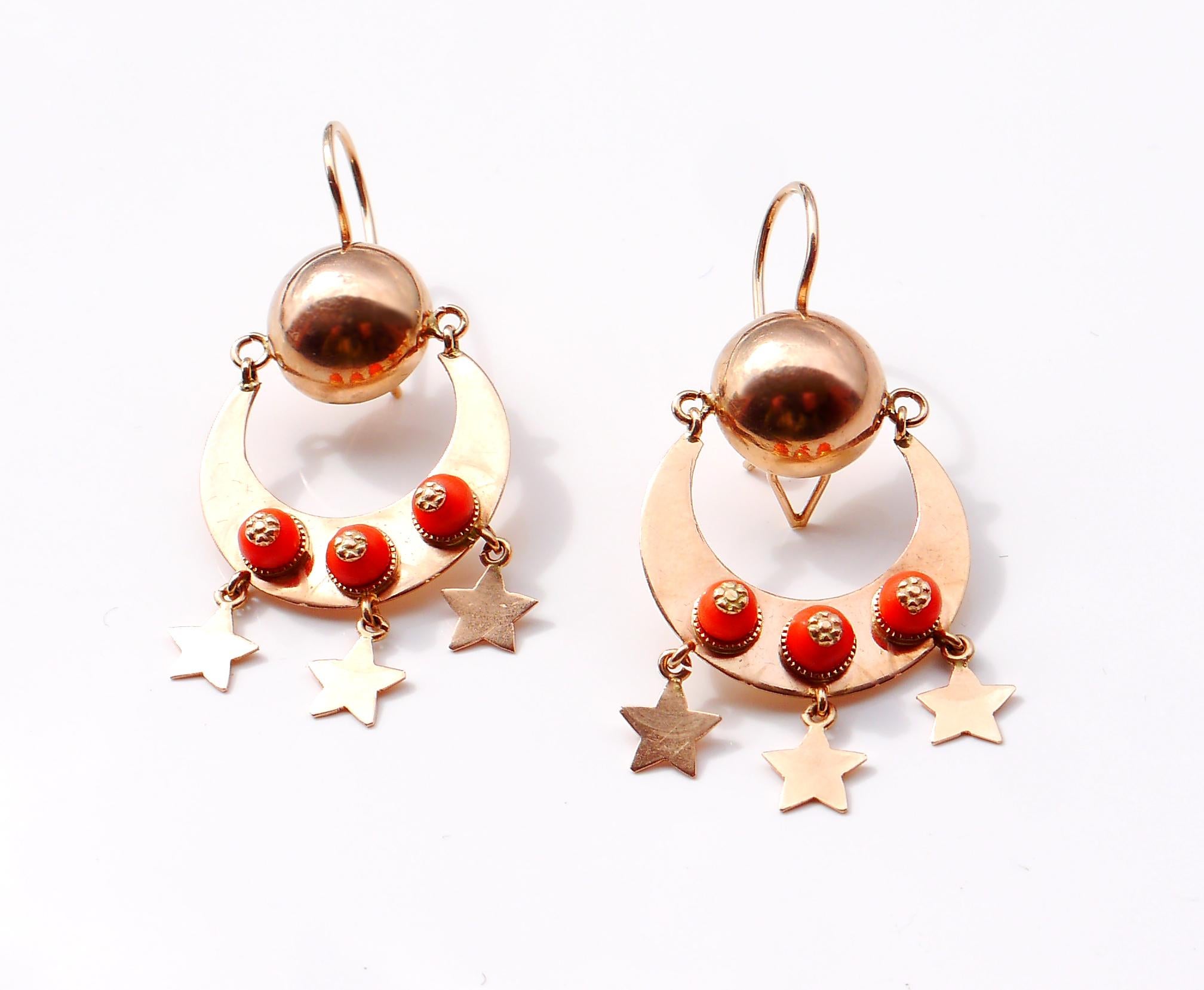 Art Nouveau European Dangle Earrings natural Red Coral solid 14K Rose Gold / 12gr For Sale