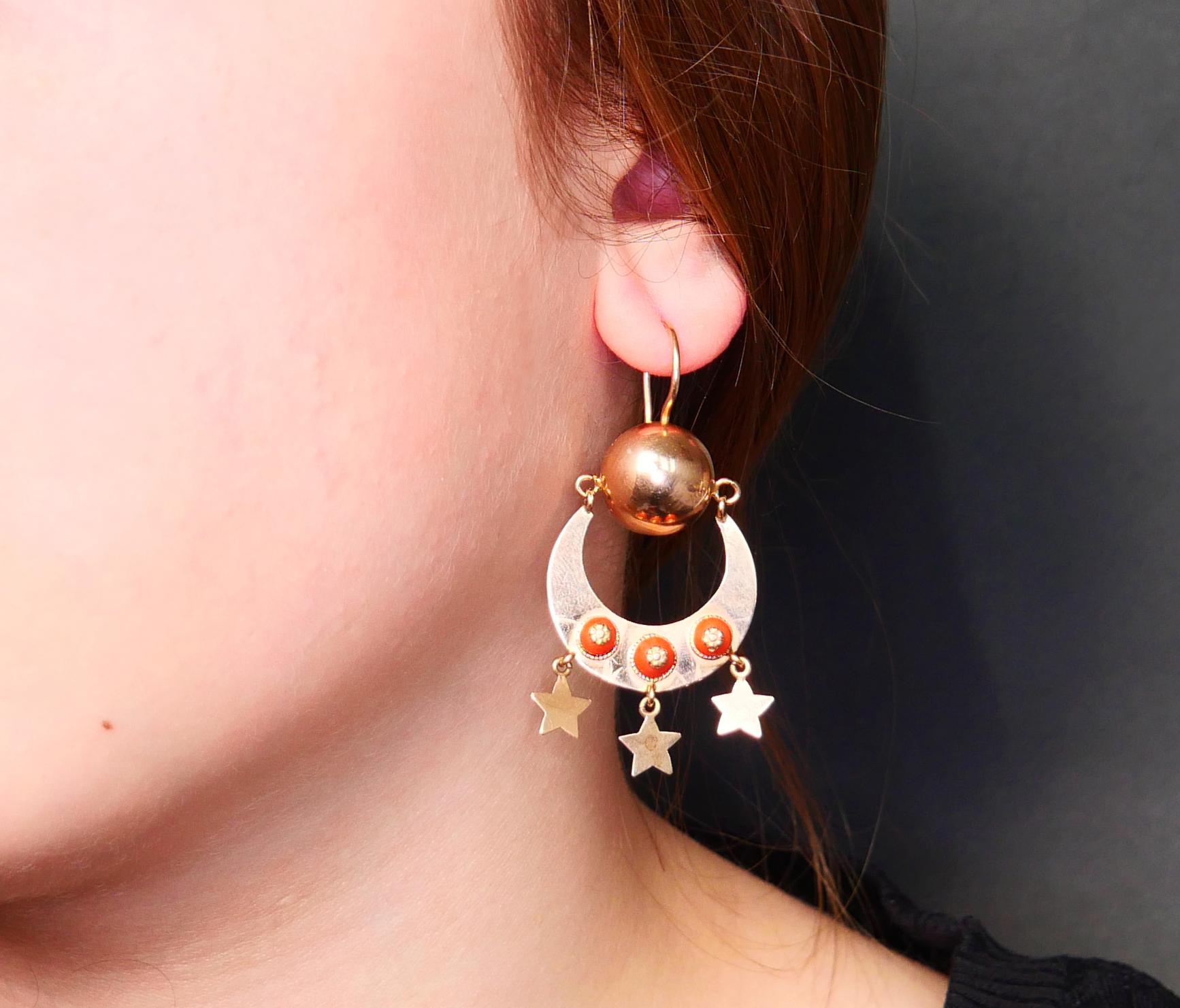 Round Cut European Dangle Earrings natural Red Coral solid 14K Rose Gold / 12gr For Sale