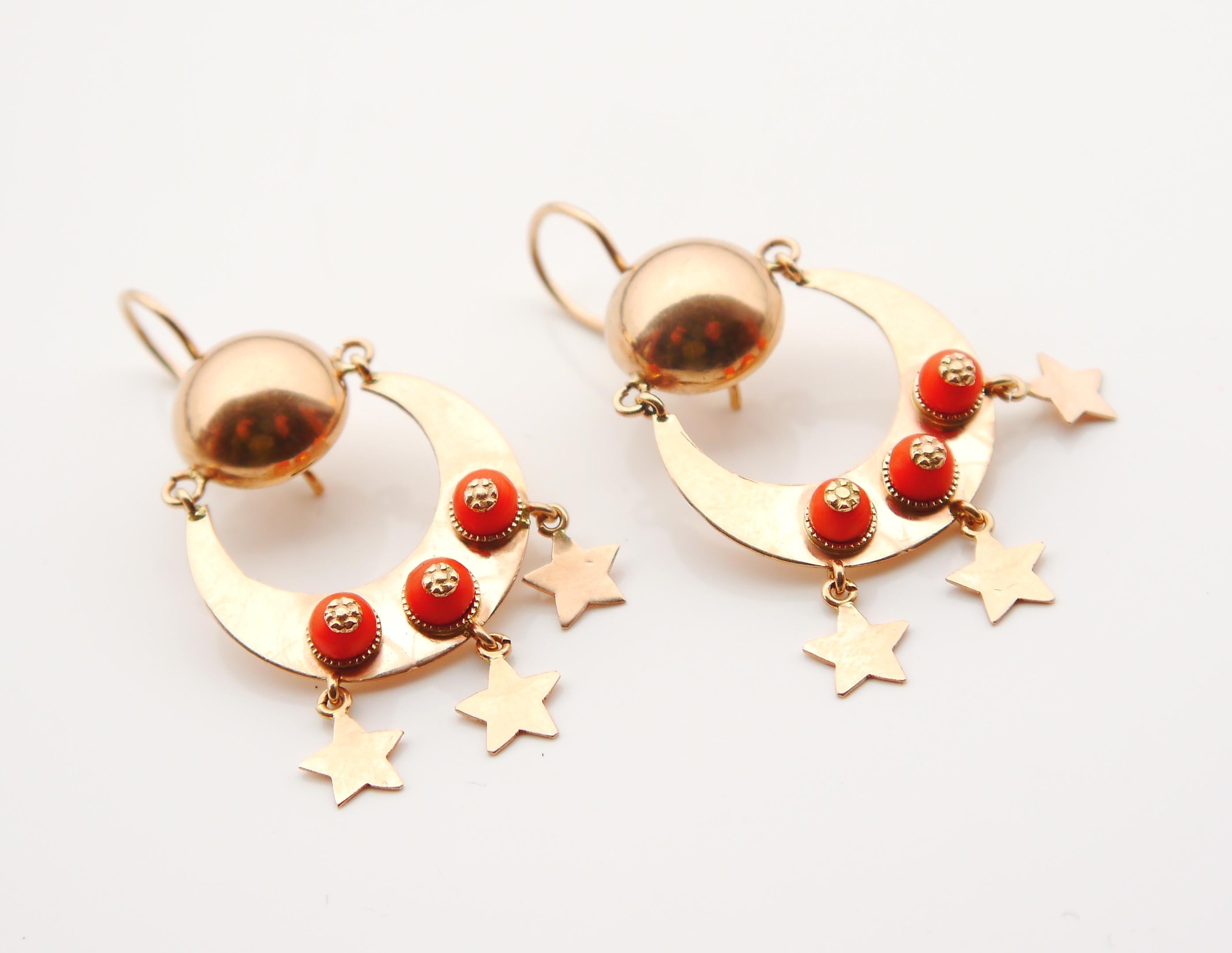European Dangle Earrings natural Red Coral solid 14K Rose Gold / 12gr For Sale 1