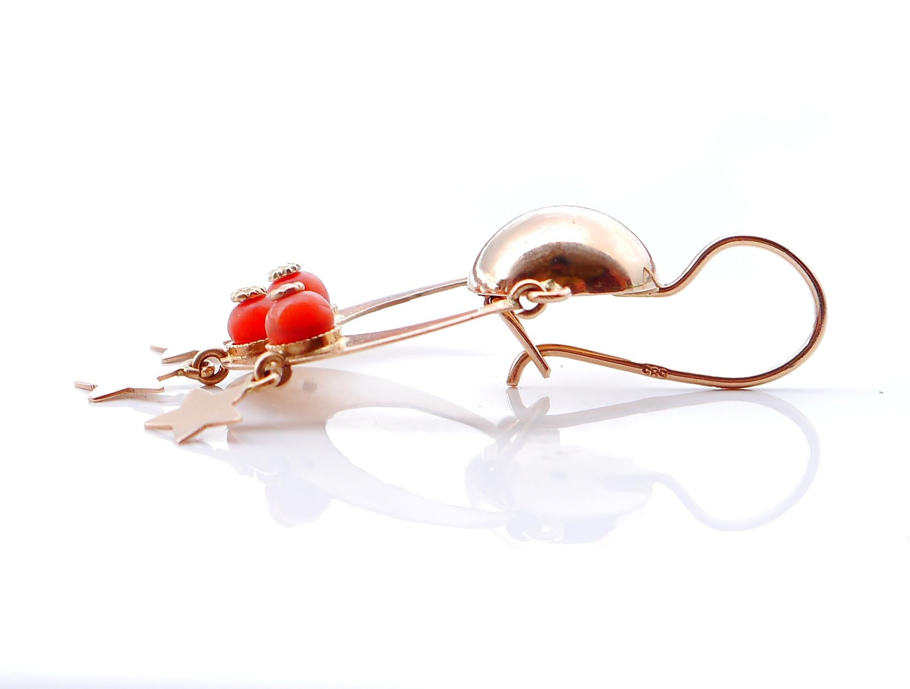 European Dangle Earrings natural Red Coral solid 14K Rose Gold / 12gr For Sale 3