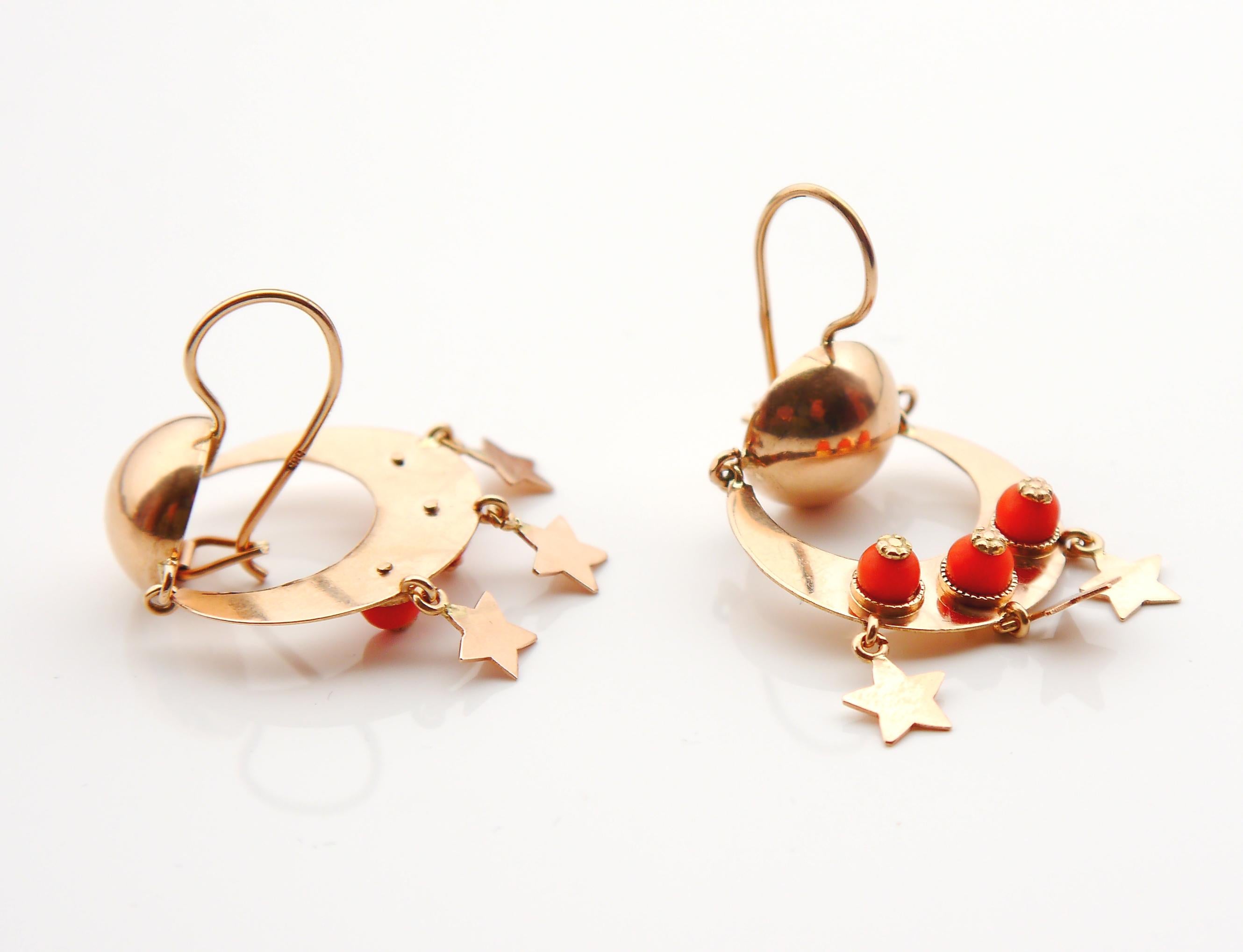 European Dangle Earrings natural Red Coral solid 14K Rose Gold / 12gr For Sale 4