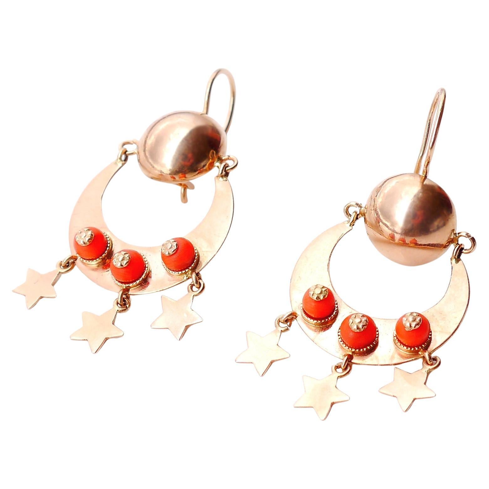European Dangle Earrings natural Red Coral solid 14K Rose Gold / 12gr For Sale