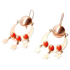 Pendientes Colgantes Europeos Coral Rojo natural macizo Oro Rosa 14K / 12gr