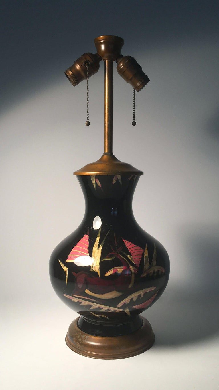 European Deco Modern reverse painted black glass gazelle table lamp.
style of Wiener Werkstatte