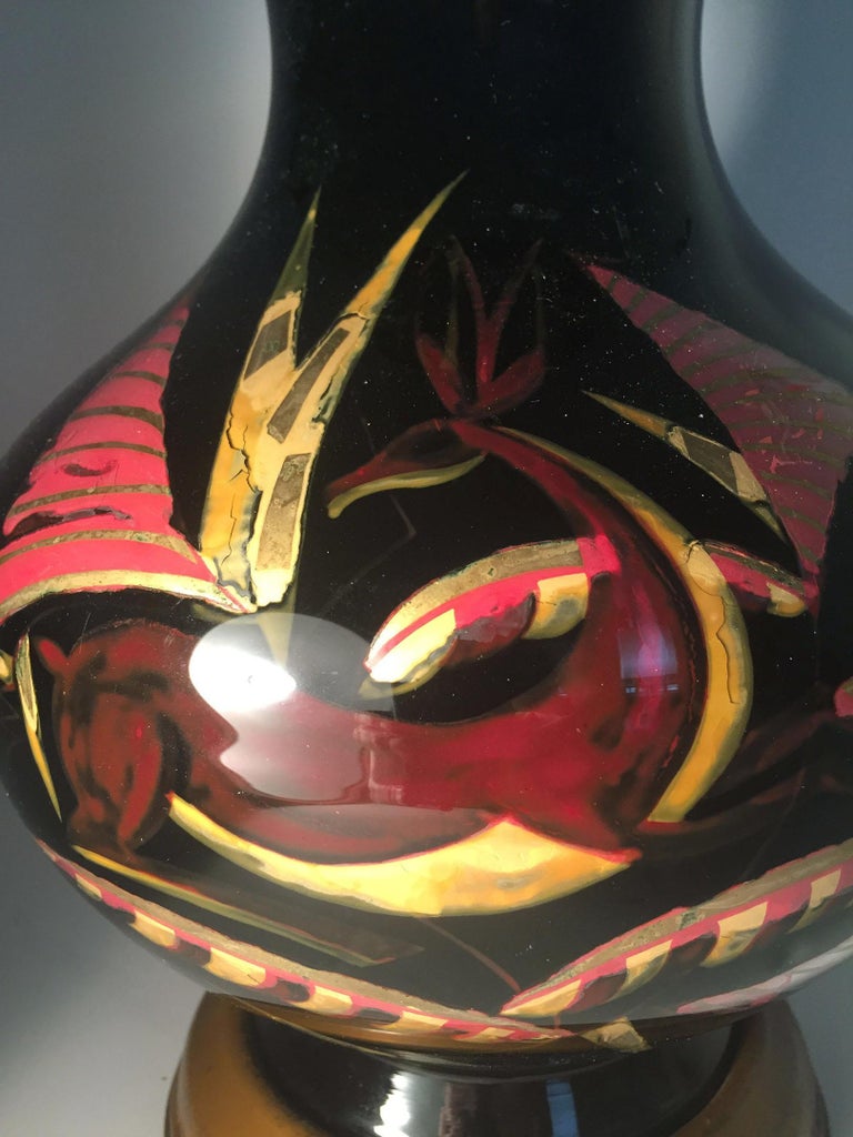 Art Deco European Deco Modern Reverse Painted Black Glass Gazelle Table Lamp For Sale