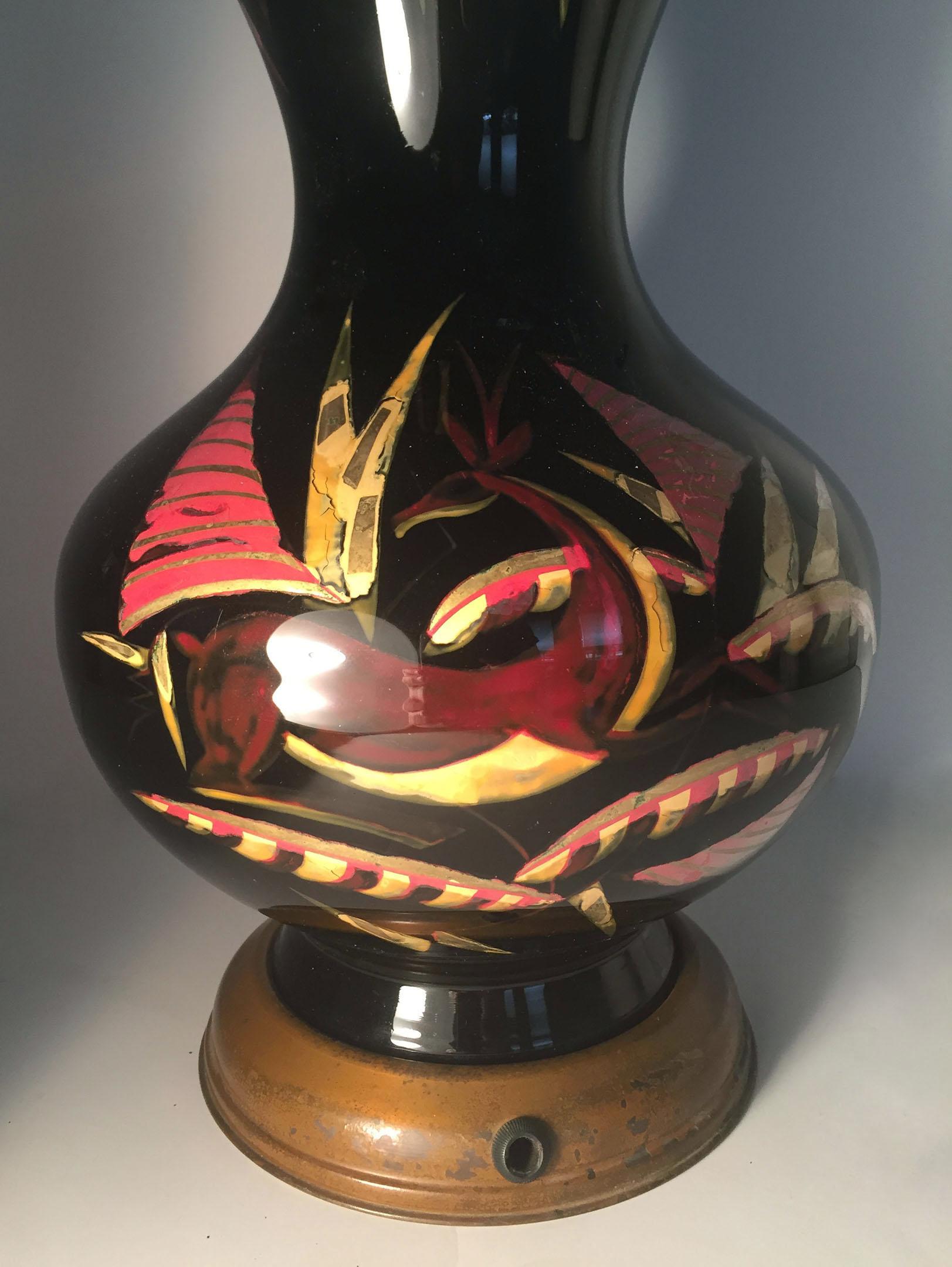 Czech European Deco Modern Reverse Painted Black Glass Gazelle Table Lamp For Sale