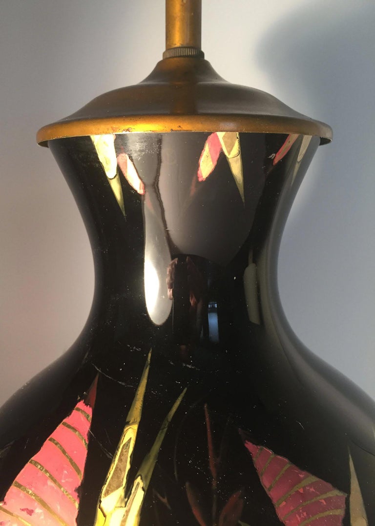 20th Century European Deco Modern Reverse Painted Black Glass Gazelle Table Lamp For Sale