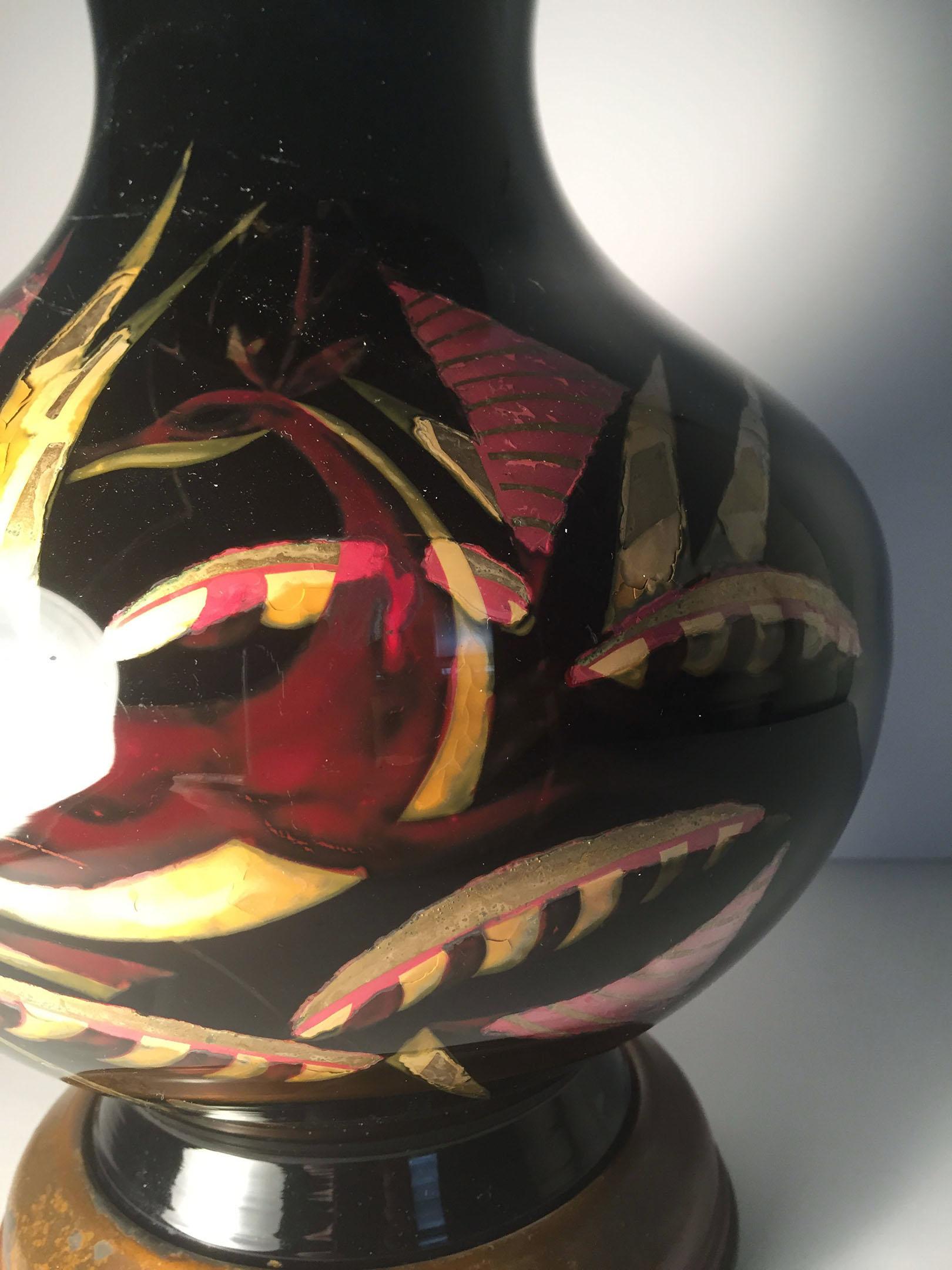 European Deco Modern Reverse Painted Black Glass Gazelle Table Lamp For Sale 1