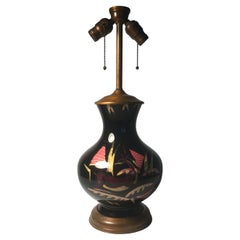 Antique European Deco Modern Reverse Painted Black Glass Gazelle Table Lamp