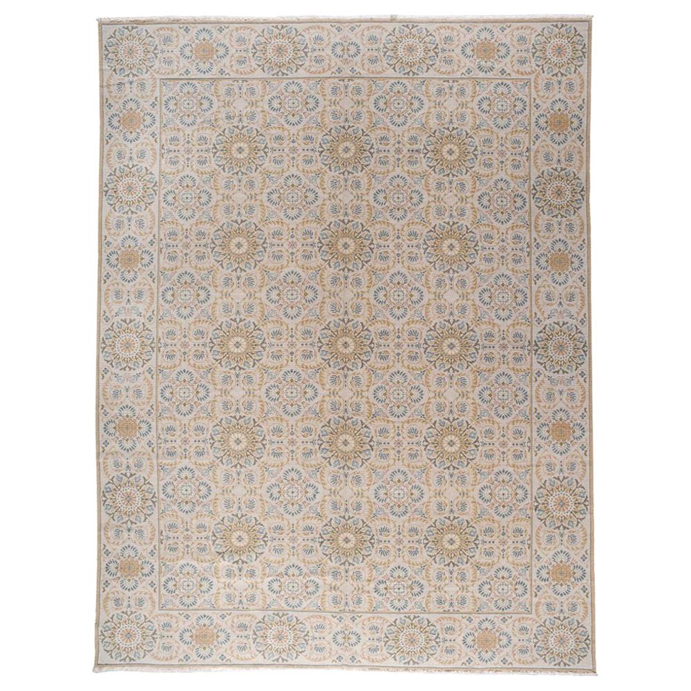European Design Area Rug with Blue and Gold For Sale