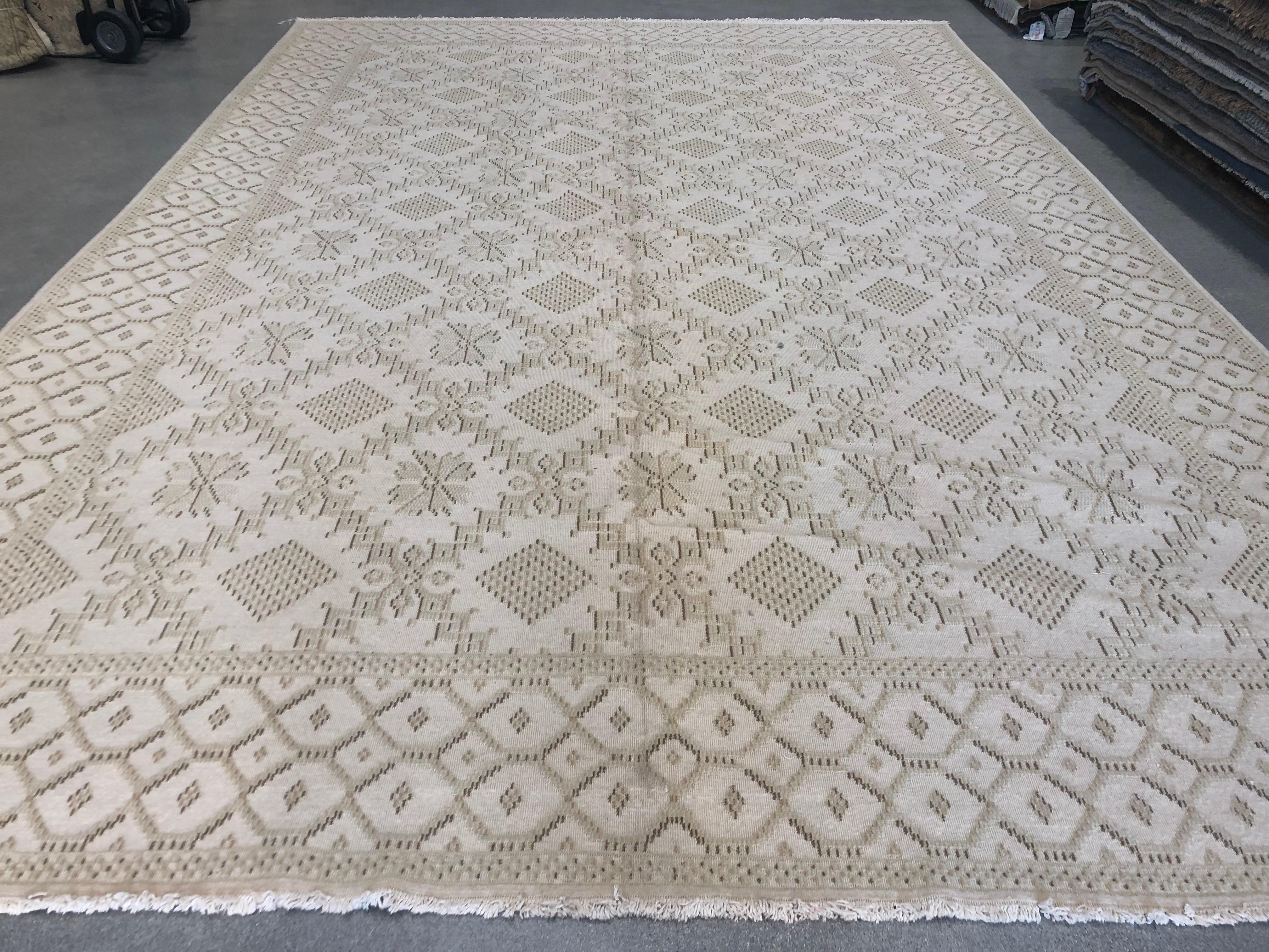 This elegant European Design collection rug brings to mind the delicate, dainty styling of a fine lace curtain. But don't let that fool you: the hand knotted wool construction is as durable as they come. Versatile beige, taupe and black with a