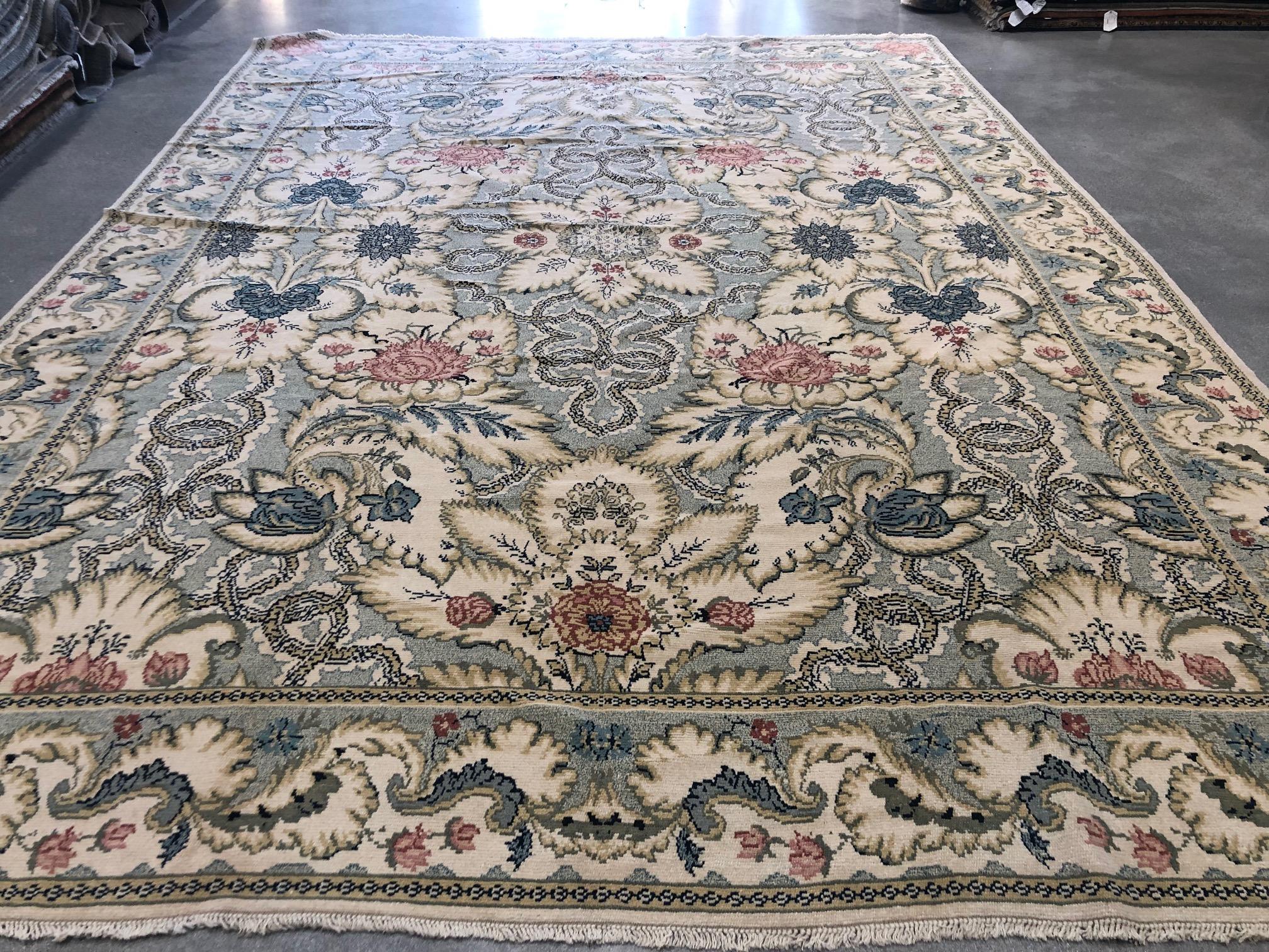 Romanian European Design Floral Rug with Grey and Ivory For Sale