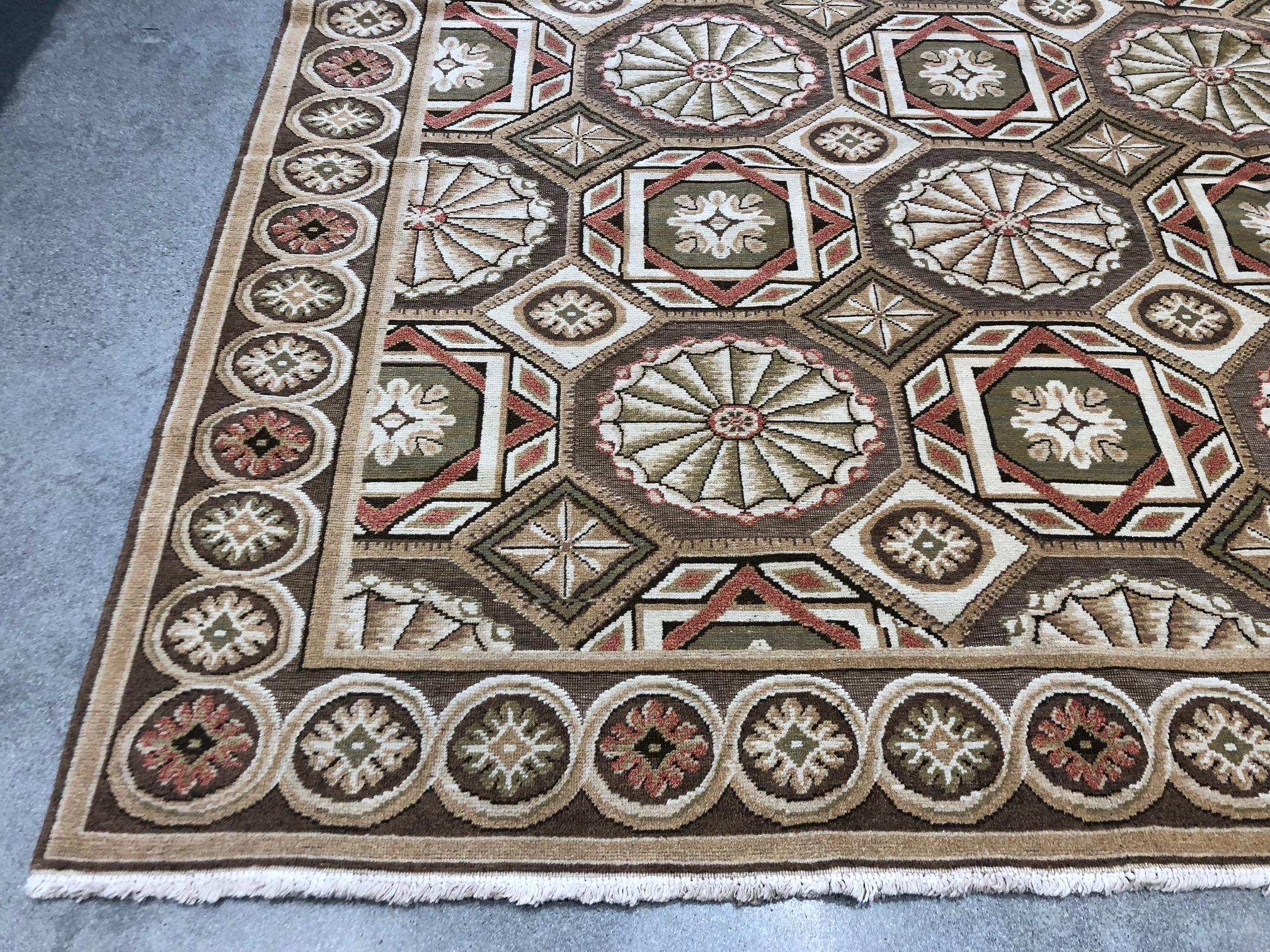 Romanian European Design Rug in Brown, Green and Rust For Sale