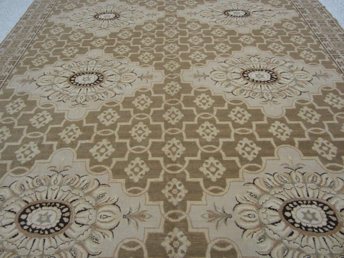 Hand-Knotted European Design Area Rug in Tan and Beige For Sale
