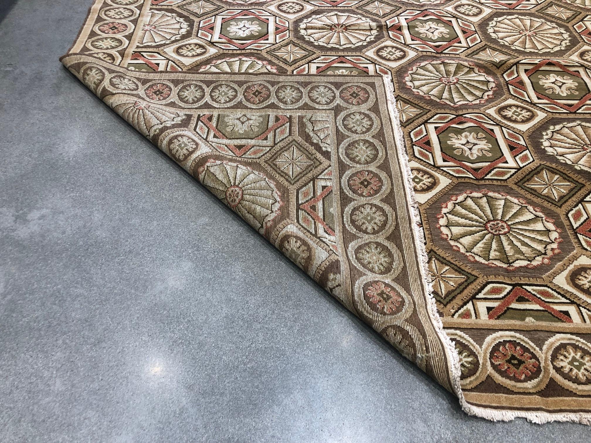 Hand-Knotted European Design Rug in Brown, Green and Rust For Sale