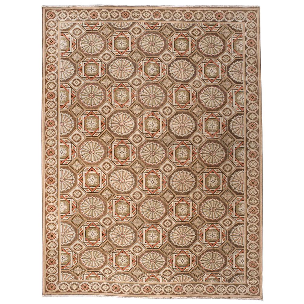 European Design Rug in Brown, Green and Rust For Sale