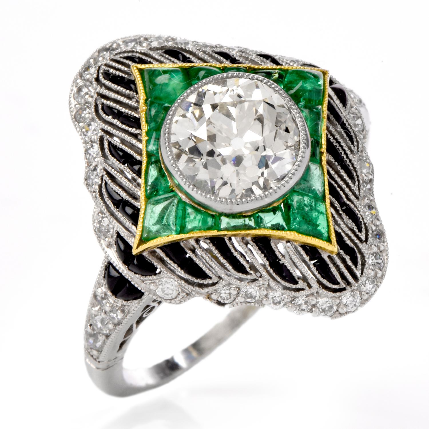 Art Deco European Diamond Emerald Onyx Platinum Ring