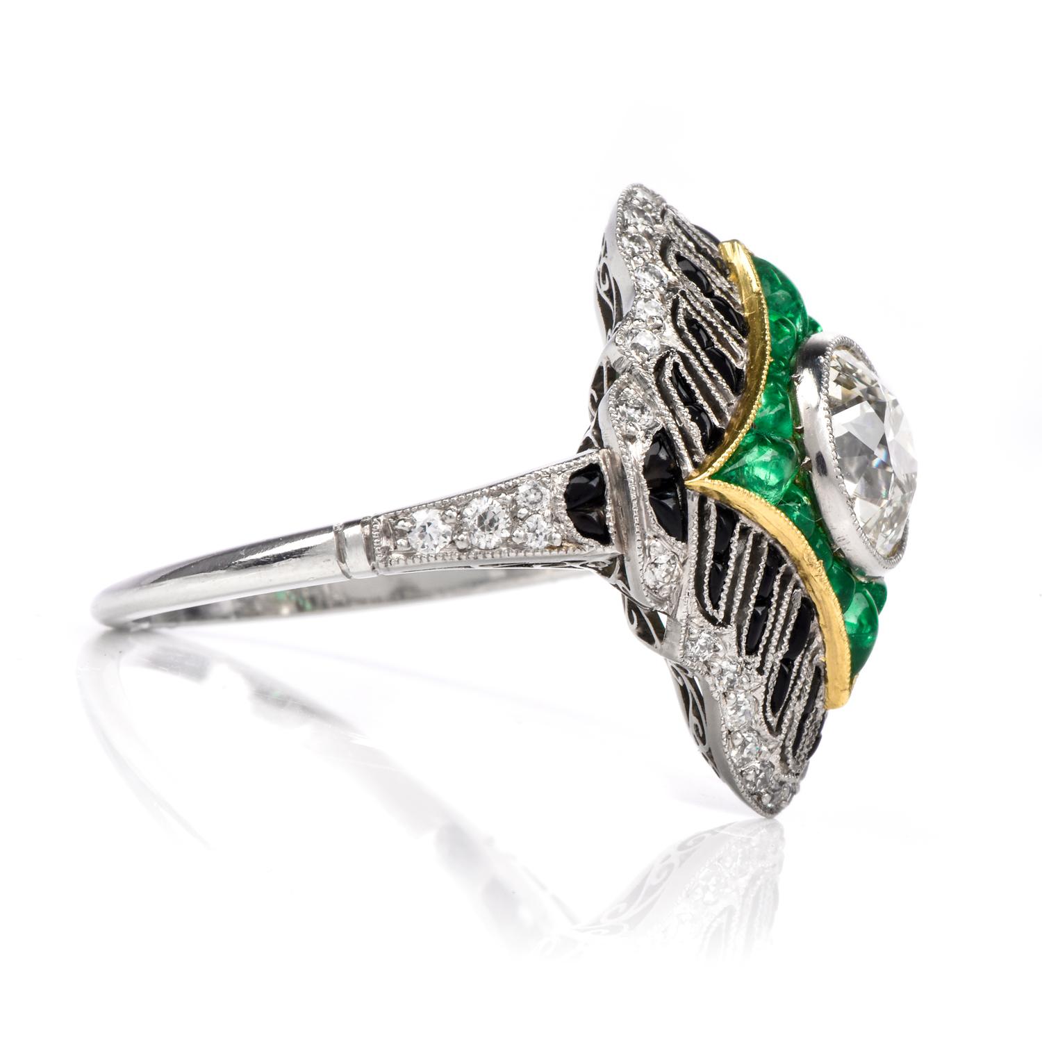 European Diamond Emerald Onyx Platinum Ring In Good Condition In Miami, FL