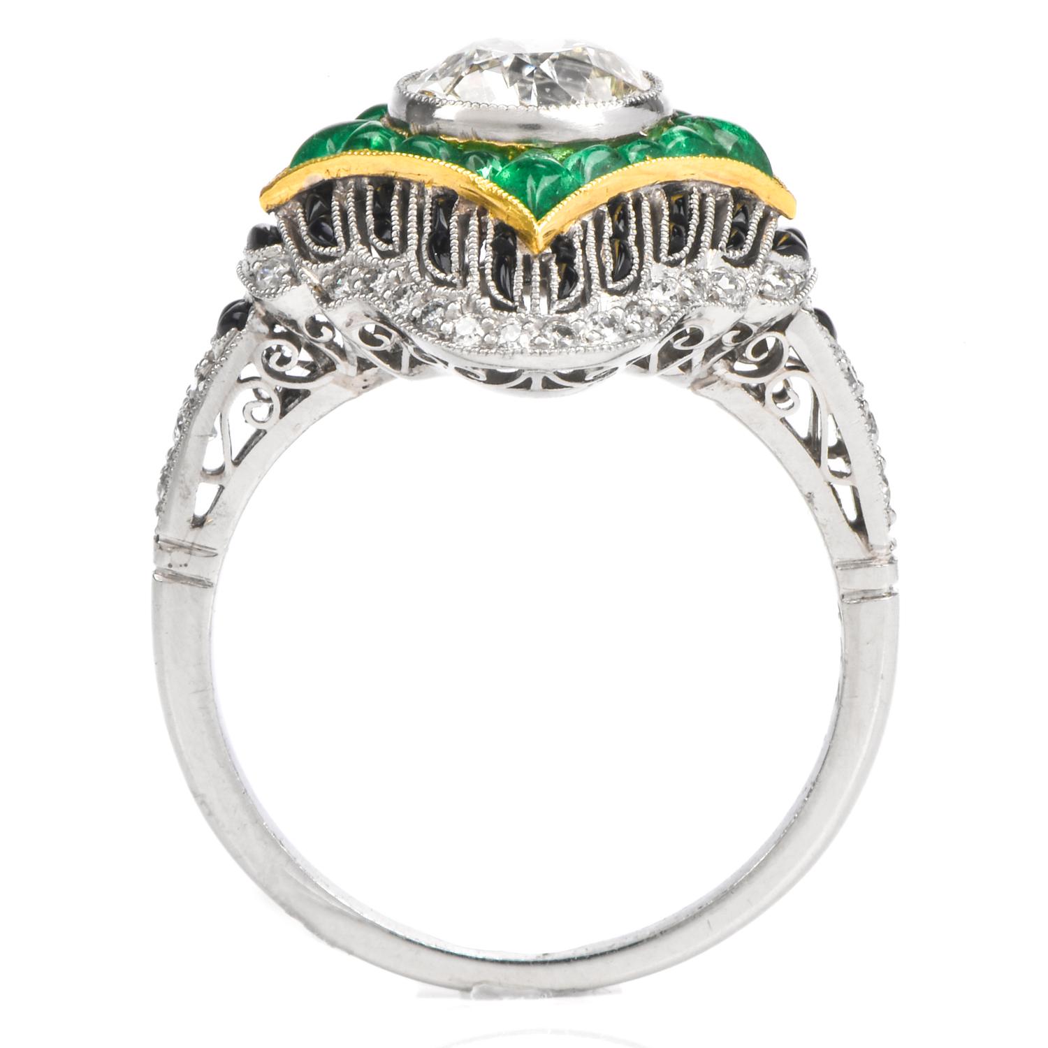 Women's European Diamond Emerald Onyx Platinum Ring