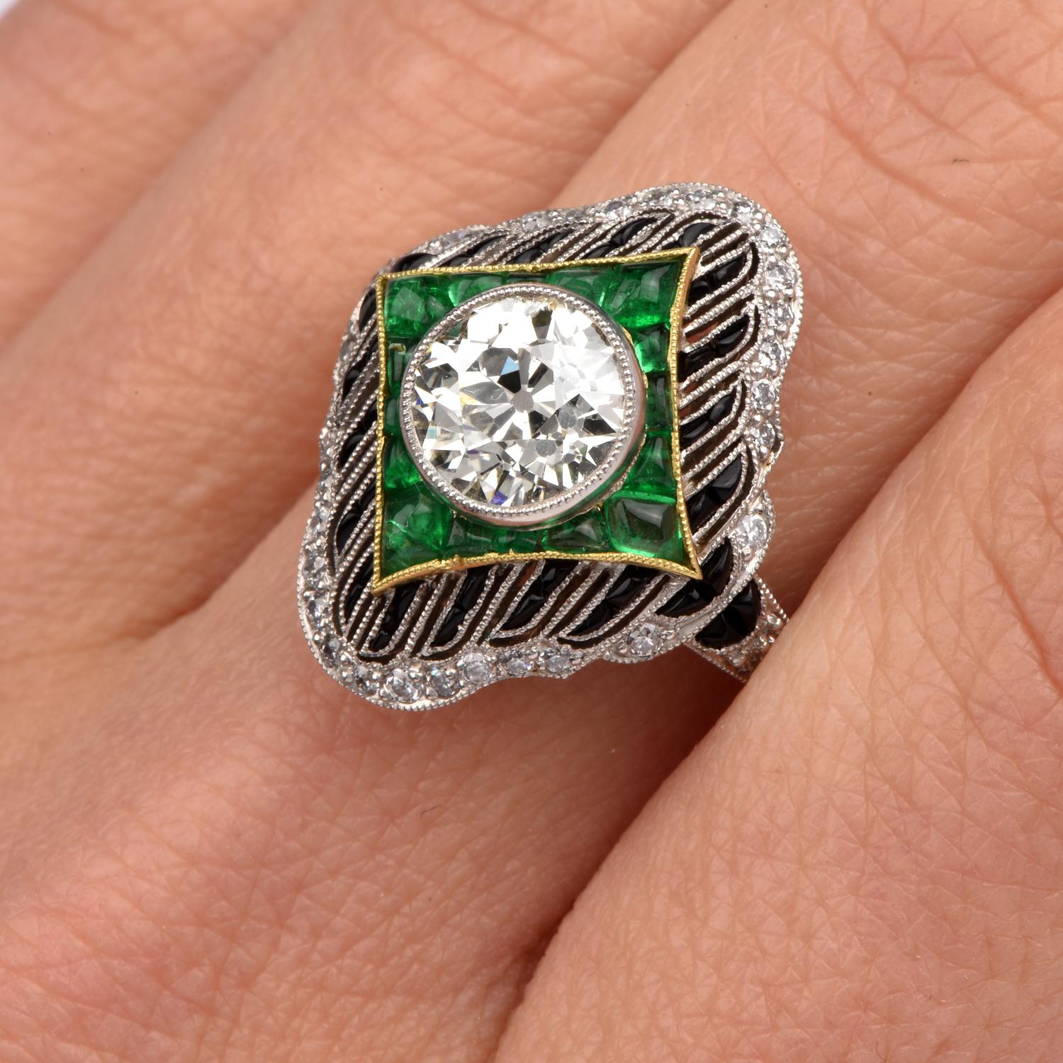 European Diamond Emerald Onyx Platinum Ring 1
