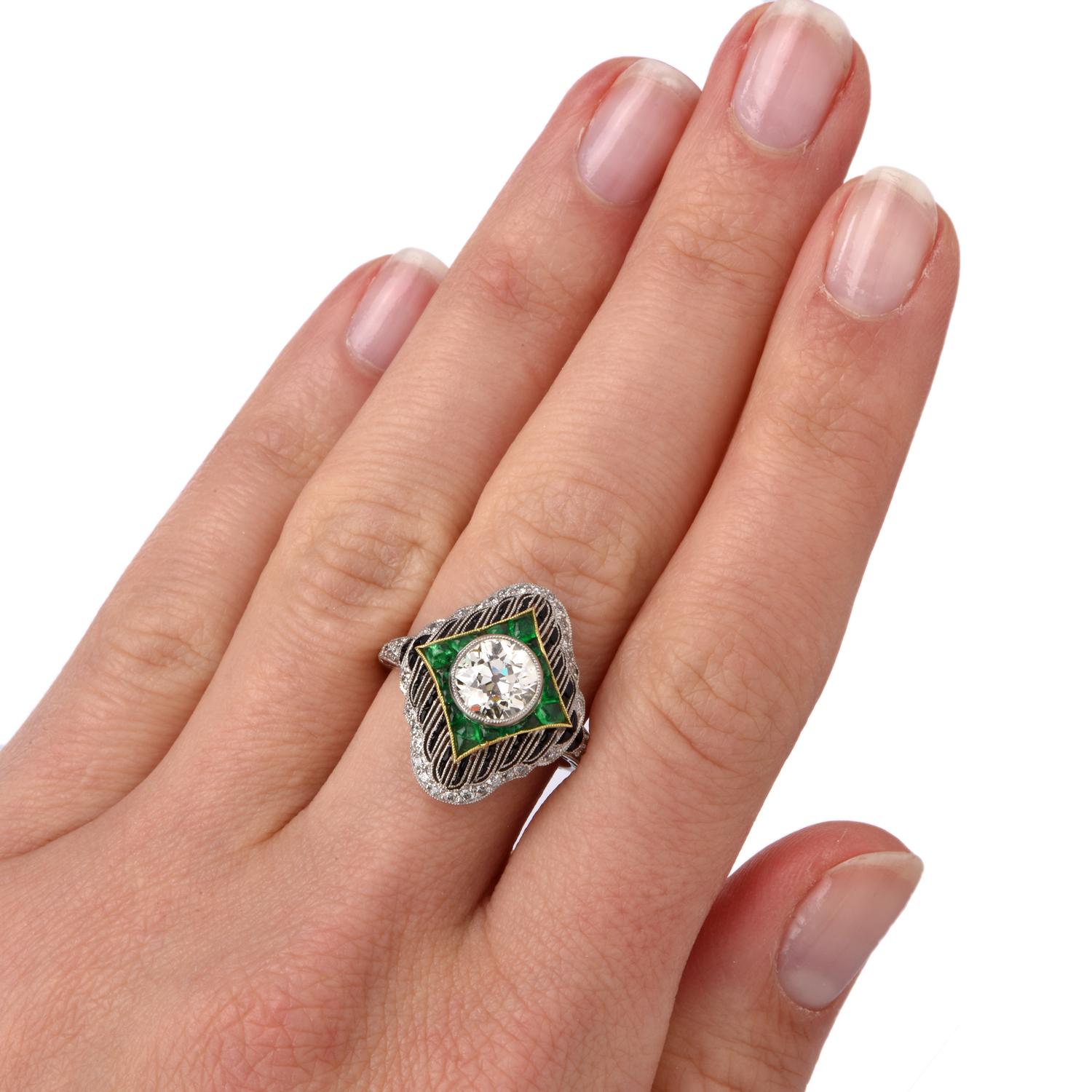 European Diamond Emerald Onyx Platinum Ring 2