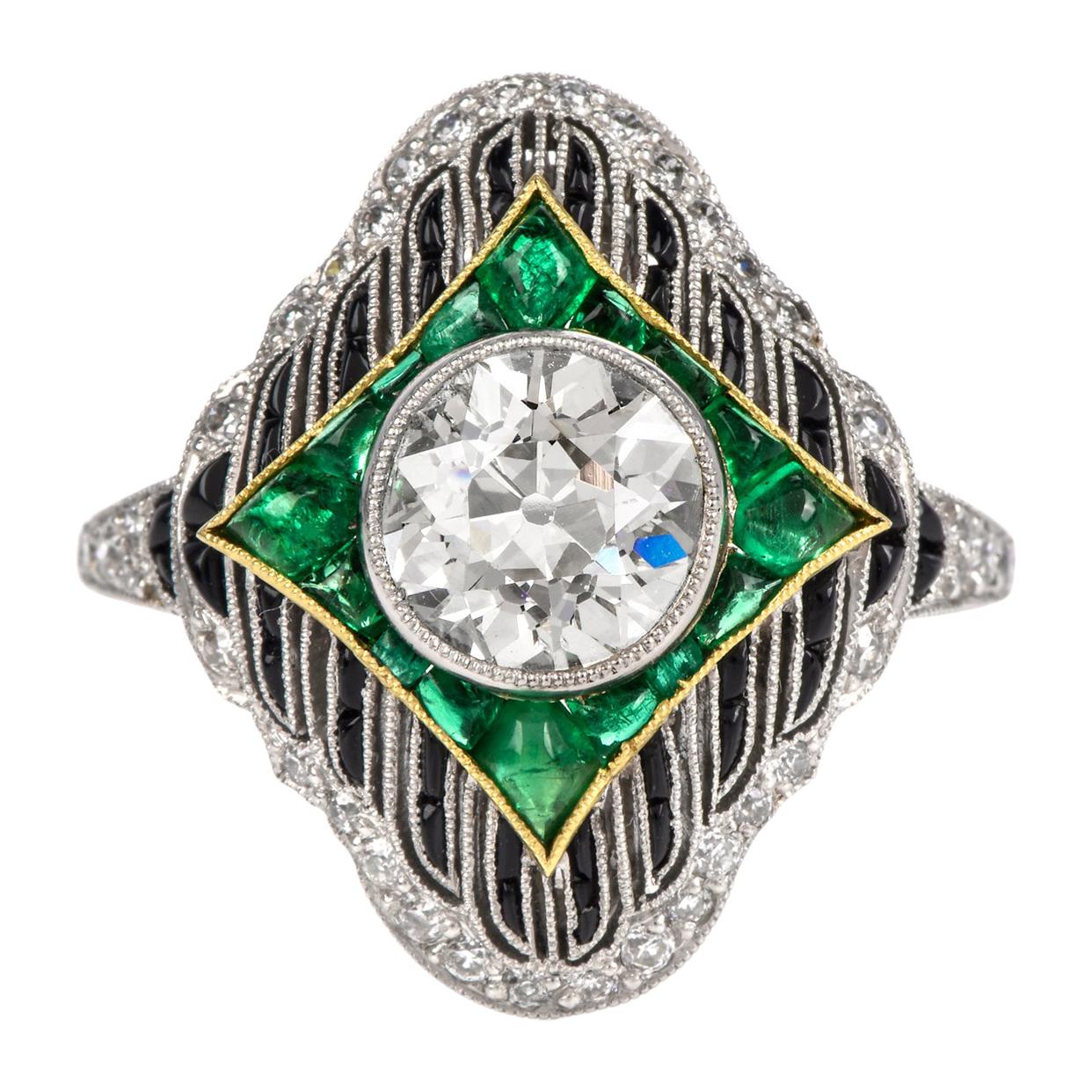 European Diamond Emerald Onyx Platinum Ring