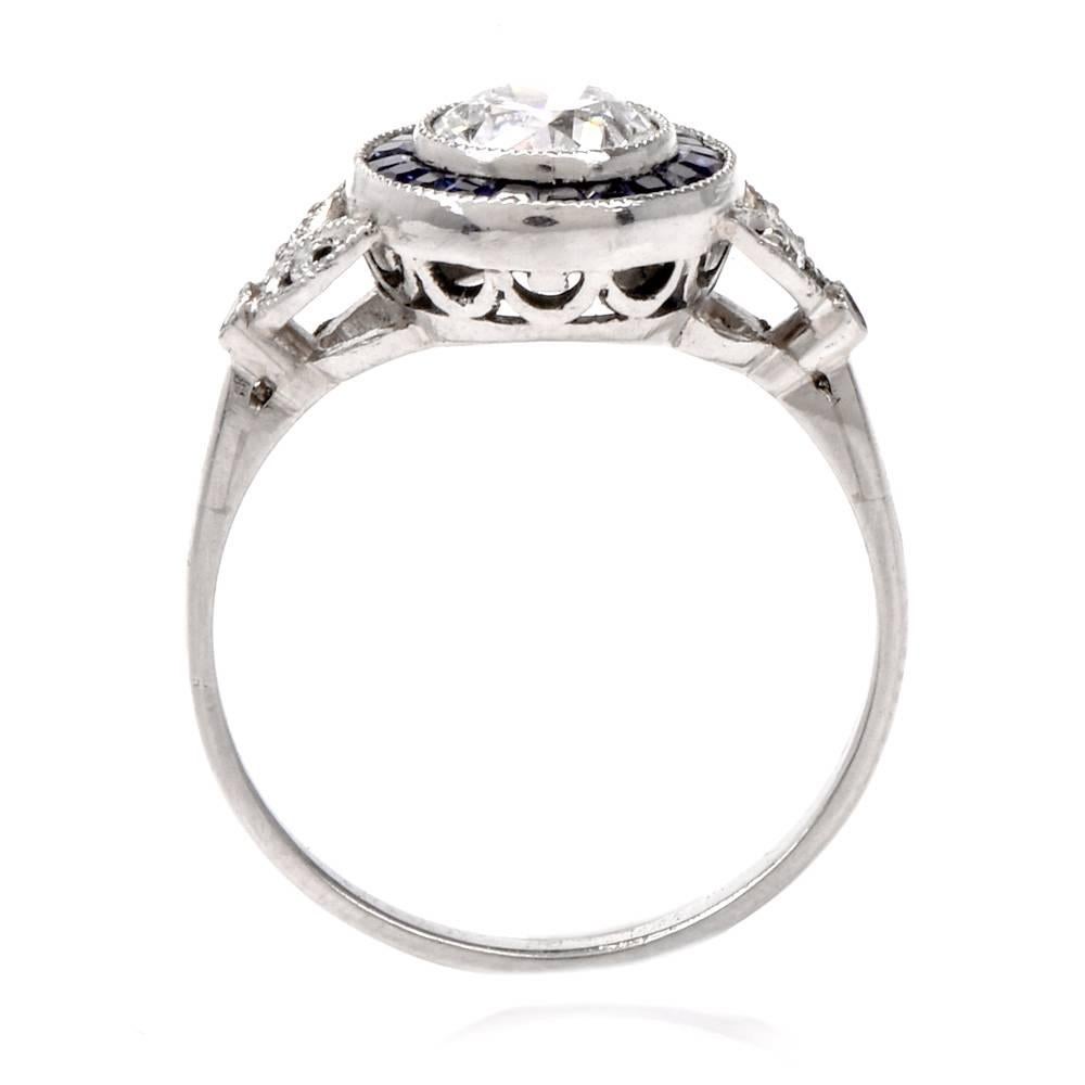 Art Deco European Diamond Sapphire Platinum Engagement Ring