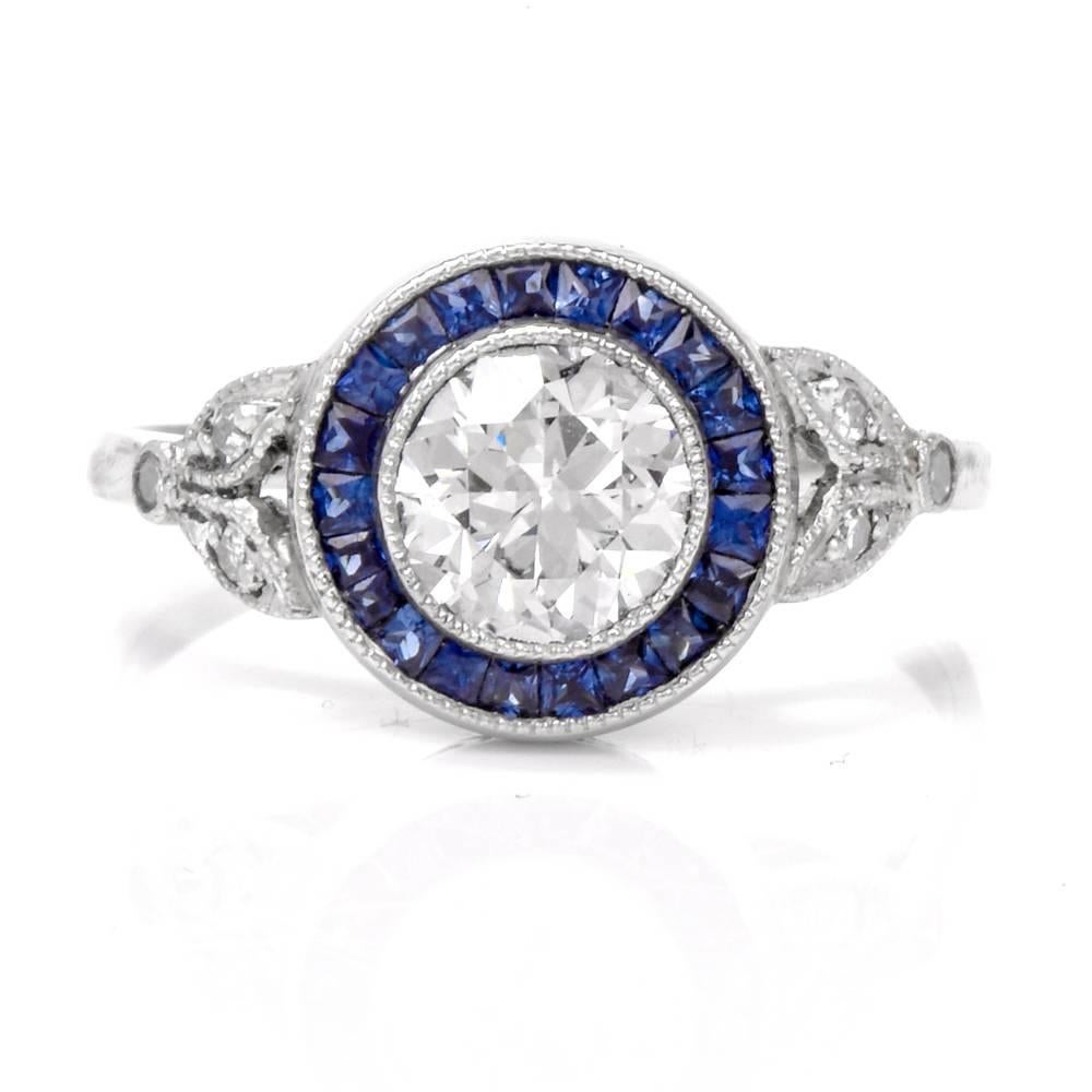 European Diamond Sapphire Platinum Engagement Ring In Excellent Condition In Miami, FL