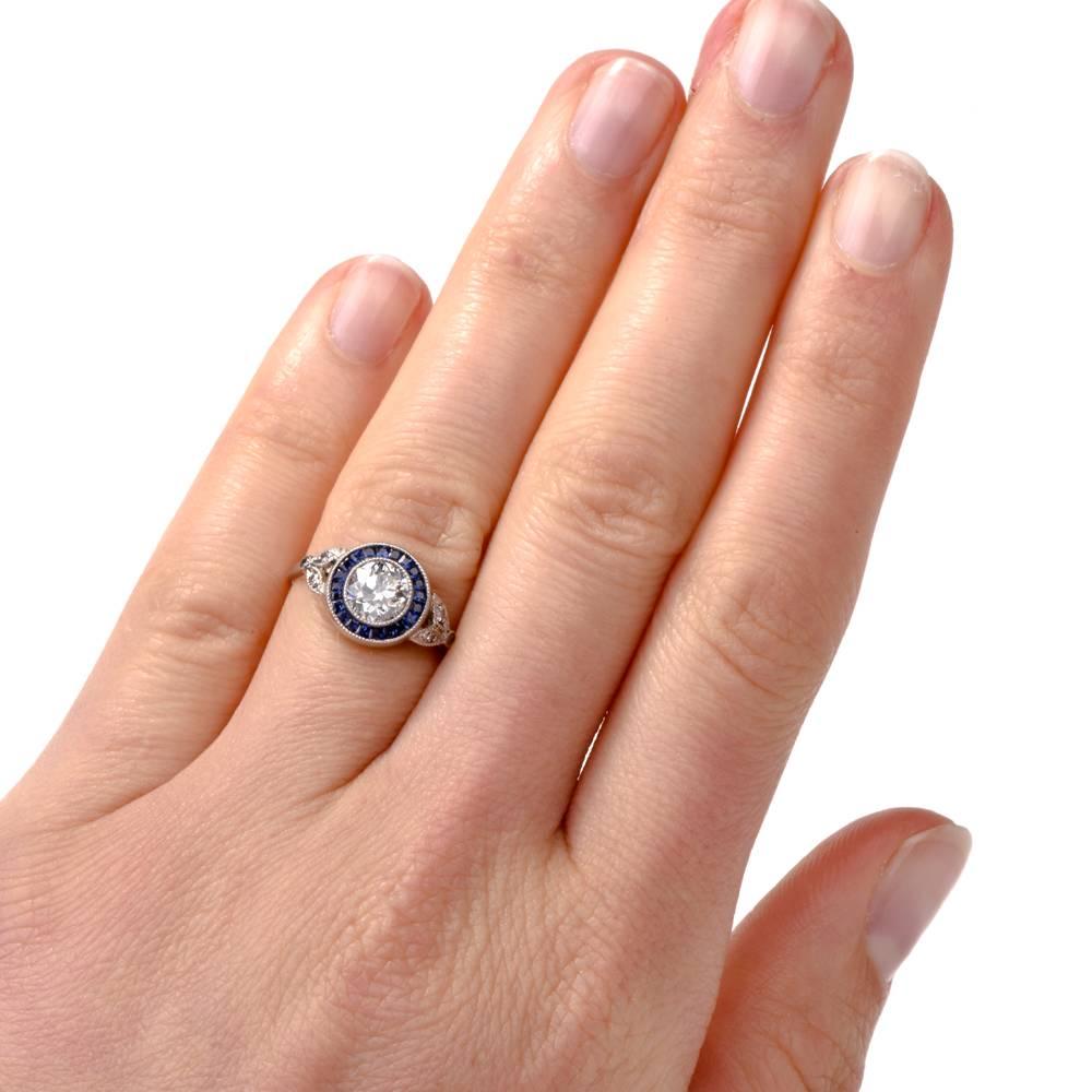 European Diamond Sapphire Platinum Engagement Ring 2