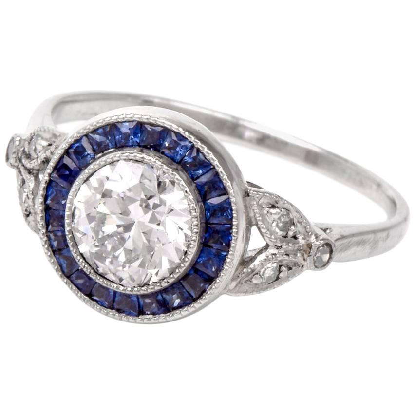 European Diamond Sapphire Platinum Engagement Ring