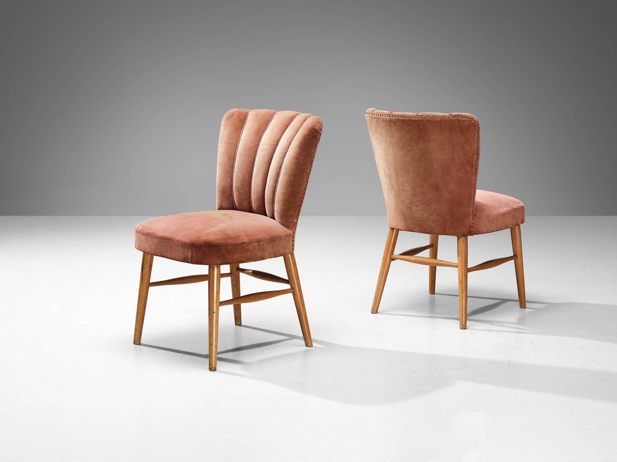 Mid-Century Modern European Dining Chairs in Soft Pink Velvet Upholstery and Wood  For Sale