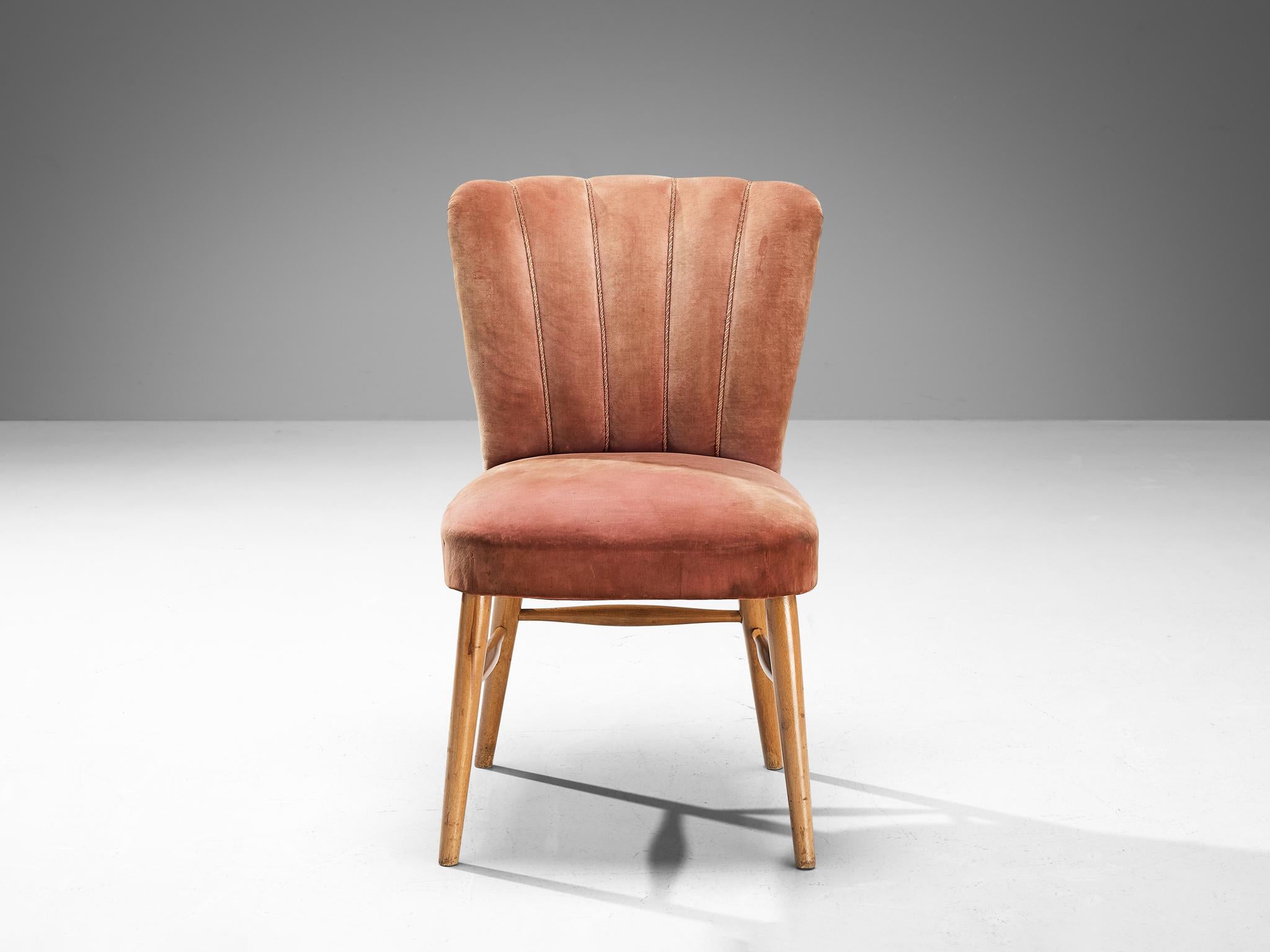 Mid-Century Modern European Dining Chairs in Soft Pink Velvet Upholstery and Wood  For Sale