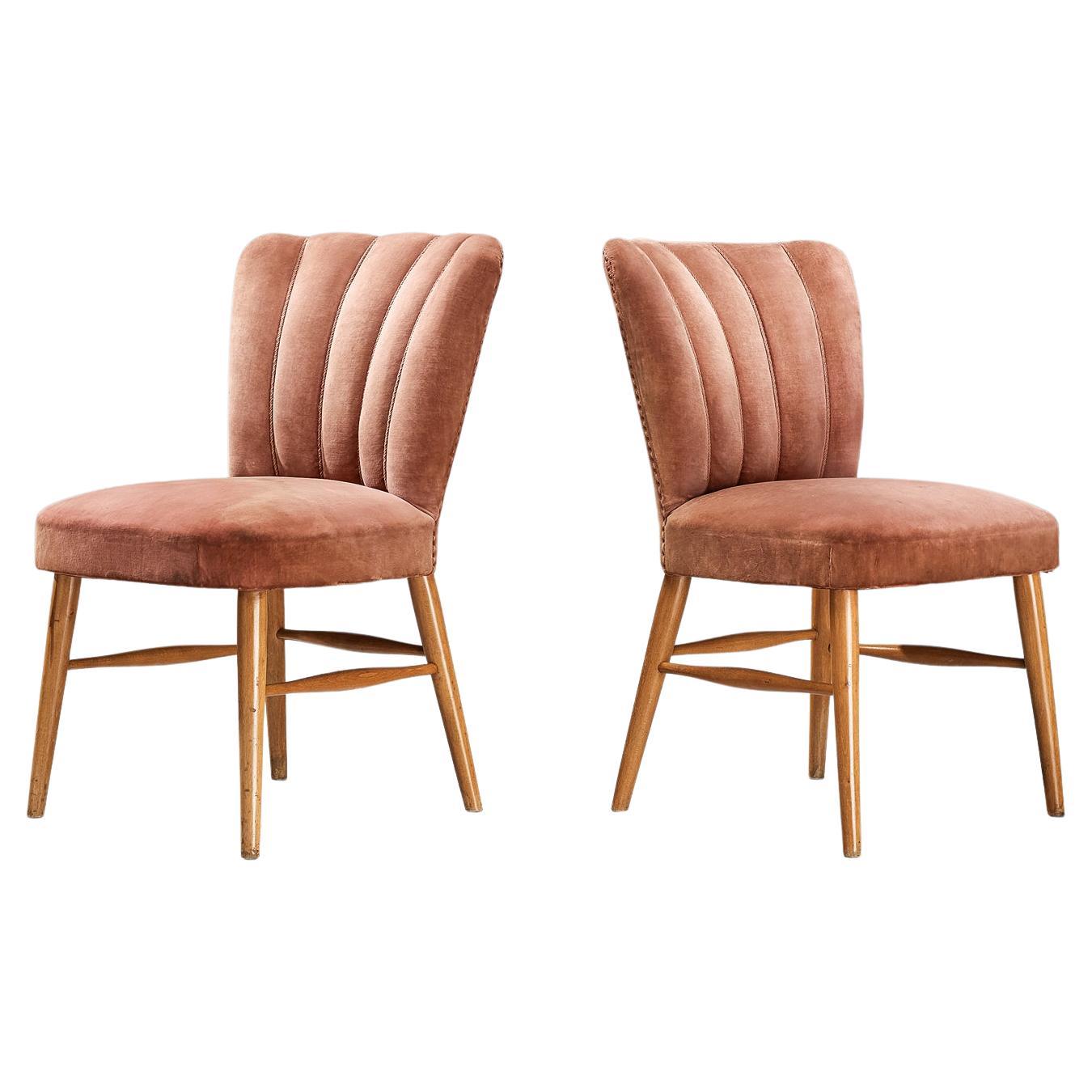 European Dining Chairs in Soft Pink Velvet Upholstery and Wood 