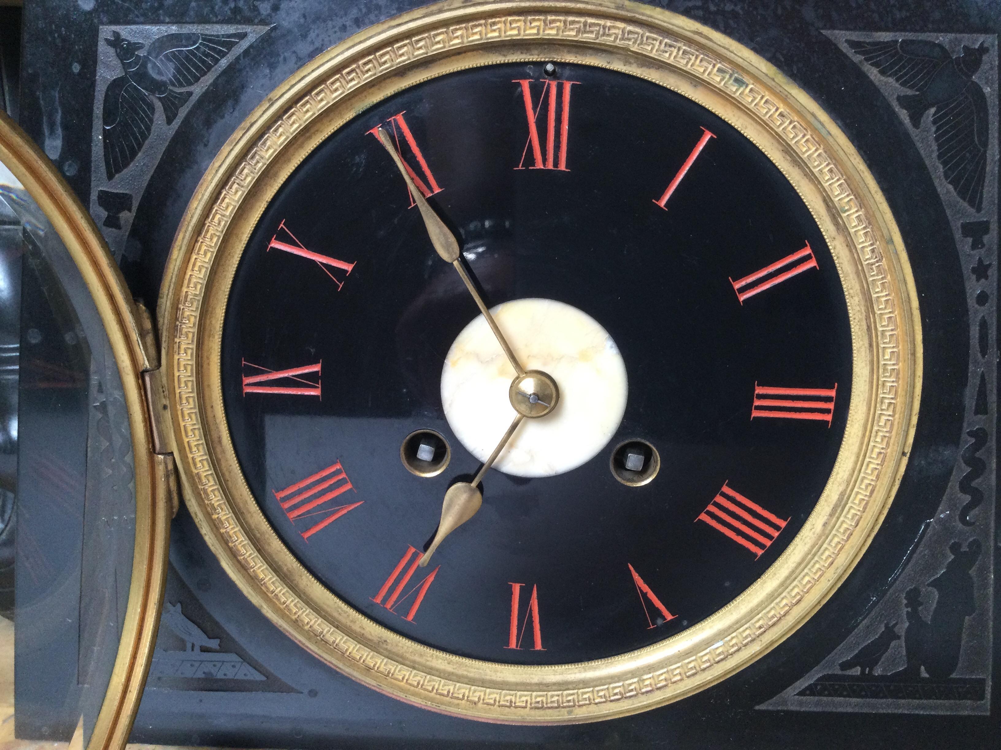 European Egyptian Revival Marble, Slate and Bronze Clock, 1870's In Good Condition In Lambertville, NJ