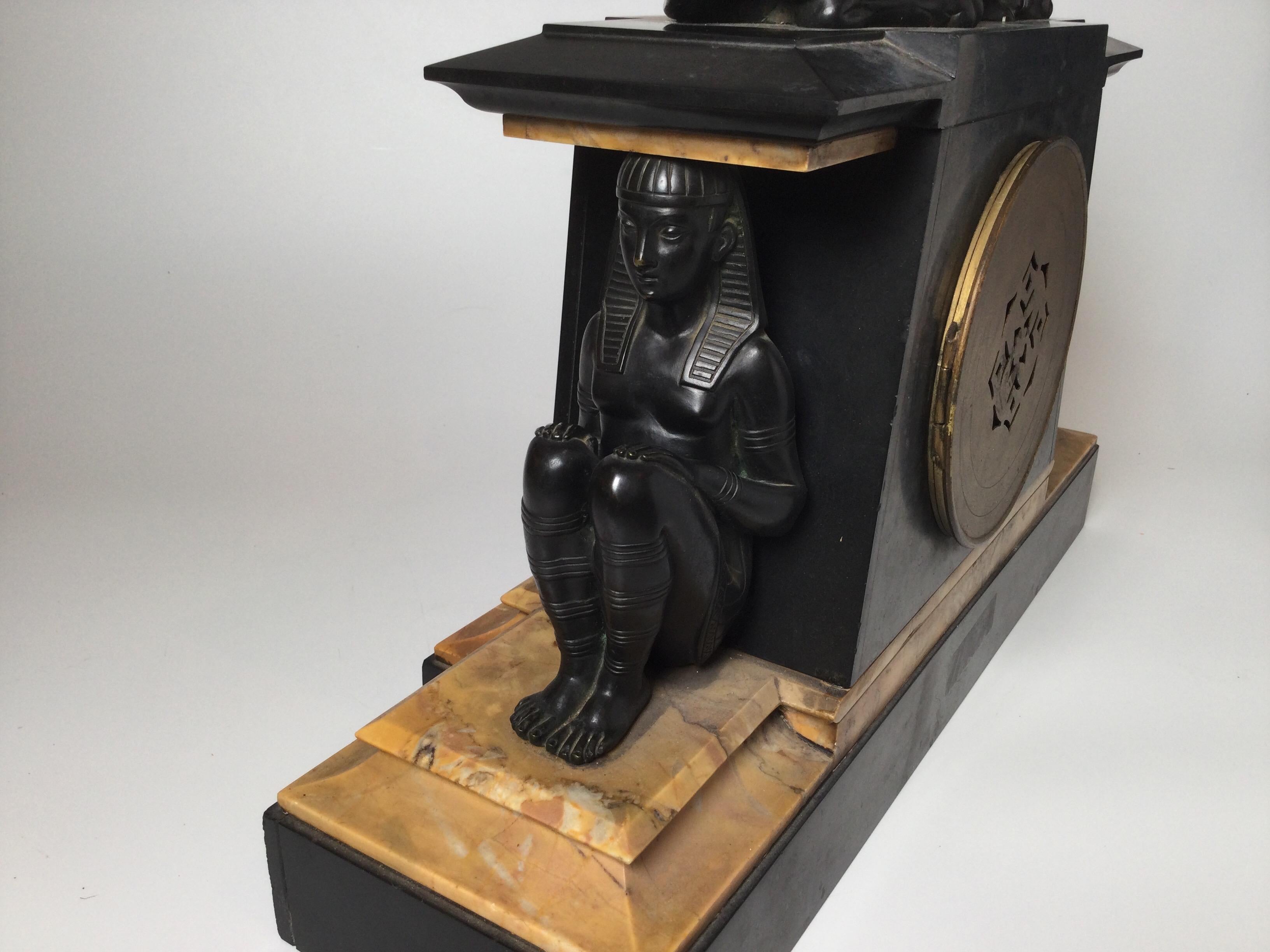 Late 19th Century European Egyptian Revival Marble, Slate and Bronze Clock, 1870's