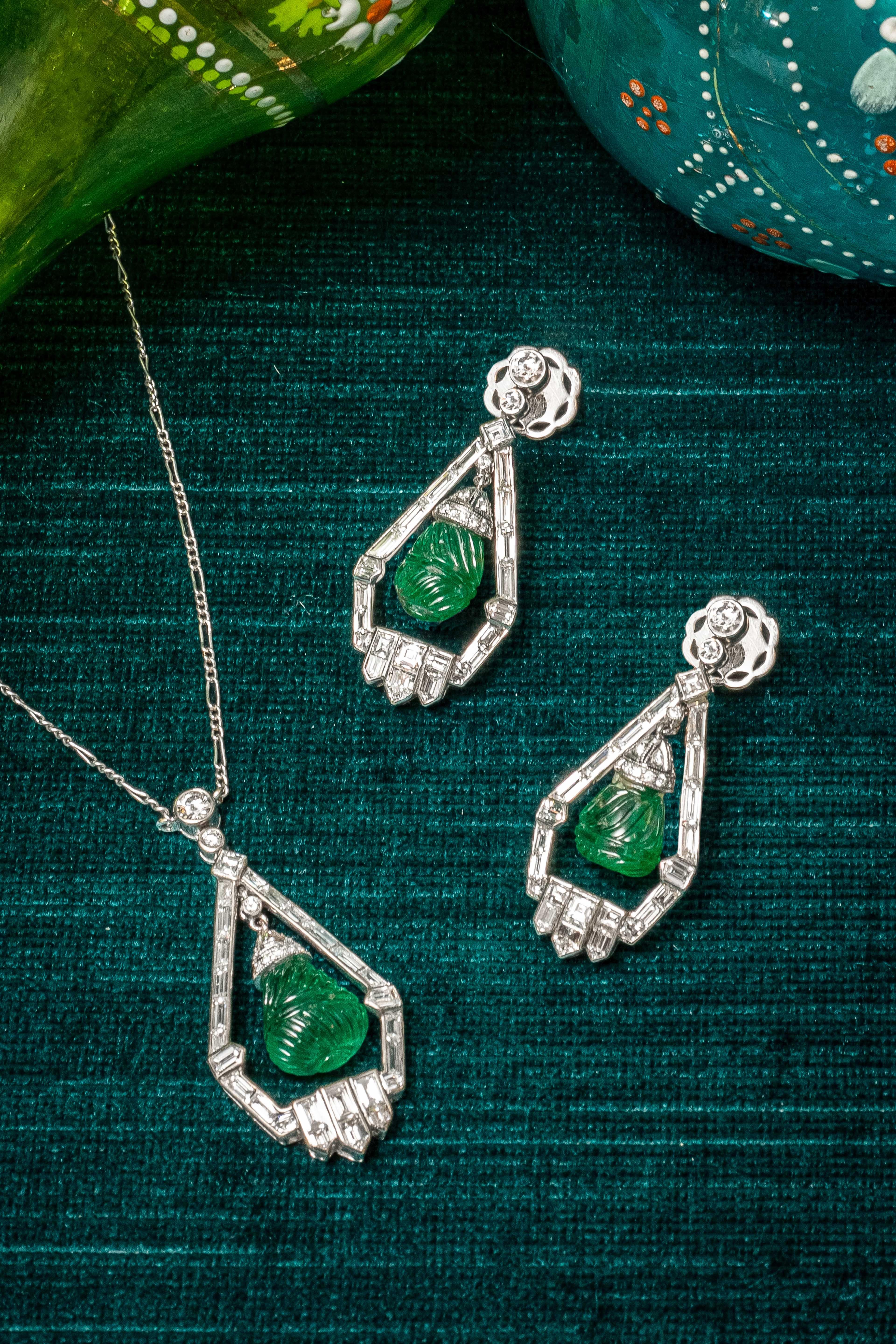 Emerald Cut European Emerald Diamond Platinum Demi-Parure