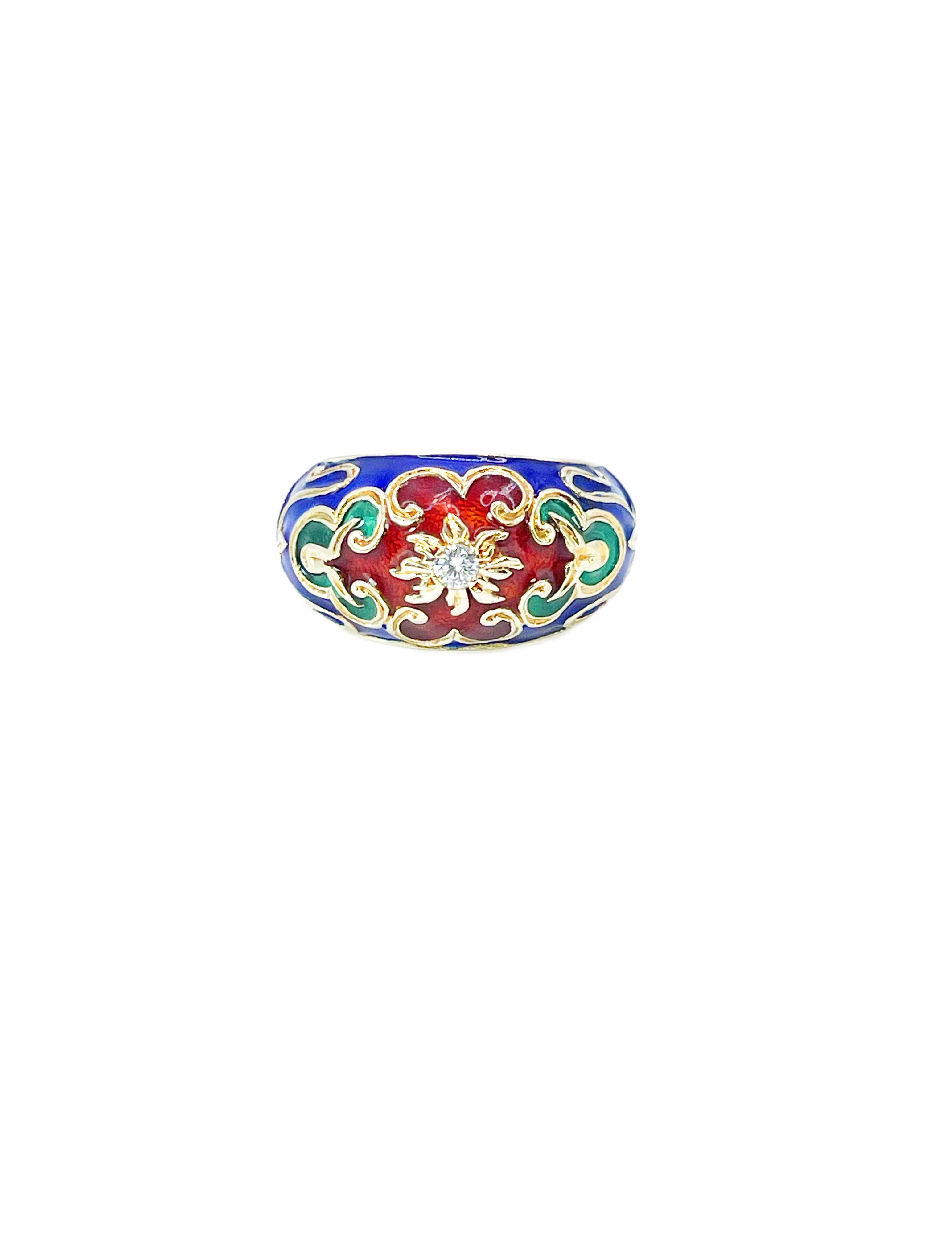 Byzantine European Enamel Cocktail Diamond Ring 14kt Yellow Gold For Sale