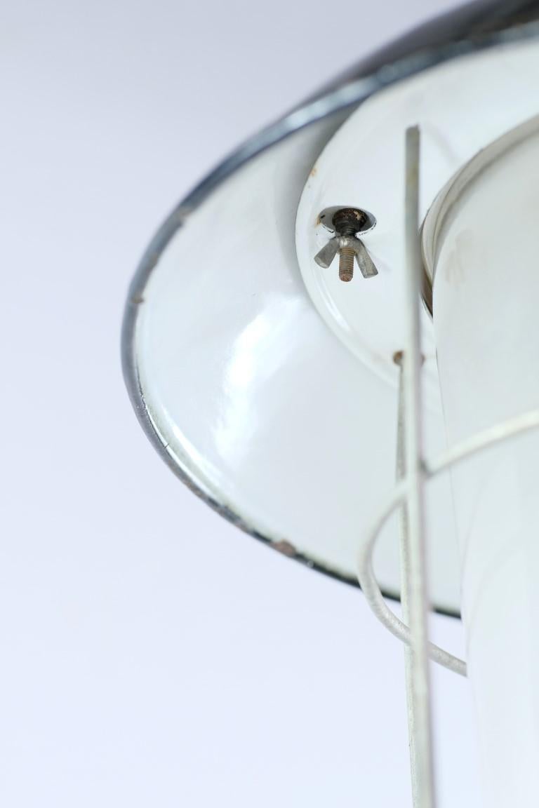 Enamel Steel Industrial Pendant Cage Light Frosted Glass Shade In Good Condition In New York, NY
