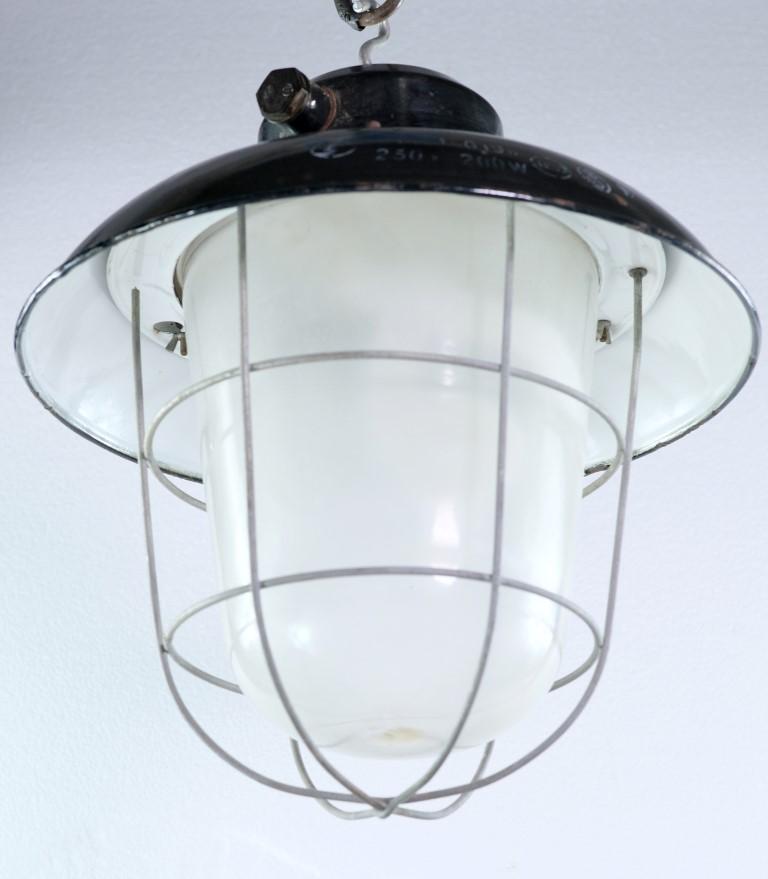 20th Century Enamel Steel Industrial Pendant Cage Light Frosted Glass Shade