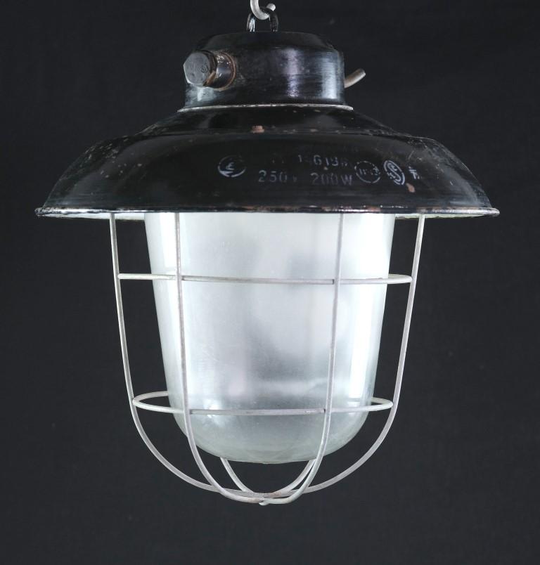Enamel Steel Industrial Pendant Cage Light Frosted Glass Shade 1