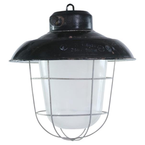 Enamel Steel Industrial Pendant Cage Light Frosted Glass Shade